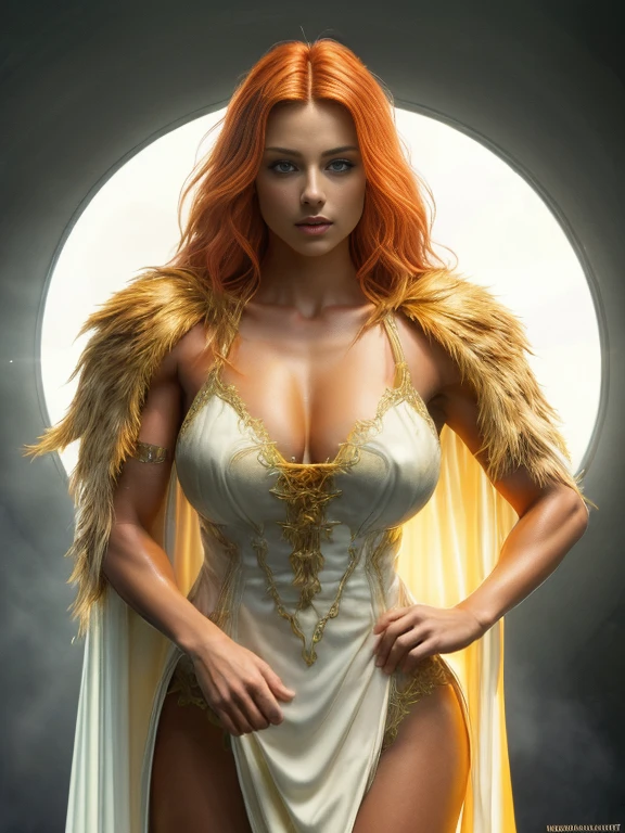 (((Top Quality: 1.4))), (Unparalleled Masterpiece), (Ultra High Definition), (Art by Brian Froud), (Ultra-Realistic 8k CG), official art, attractive posing, female fairy costume, stunningly beautiful cleaned face, highly detailed armor and Gauntlets, messy Hair, muscular_body:1.4, tanned skin:1.4, highly detailed breastplate, large breasts, well trained body, mystical city background, sunlight makes beautiful gradient of shadow and adds depth to image, (muted colors, dim colors, muted tones: 1.3), low saturation, (hyper detail: 1.2), perfect anatomy, Full body, medium breast, muscular fit body, low-angle shot picture, sexy face, big breast, female muscular fit body, very tanned skin, red haired, white and gold cape, Very bright colors, Light particles, with light glowing, mystical, with a white tunic, reflection light, backlighting, with background illuminated with magnificent sunset, yellow, orange and blue, vibrant colors, delicate face, perfect eyes, red haired