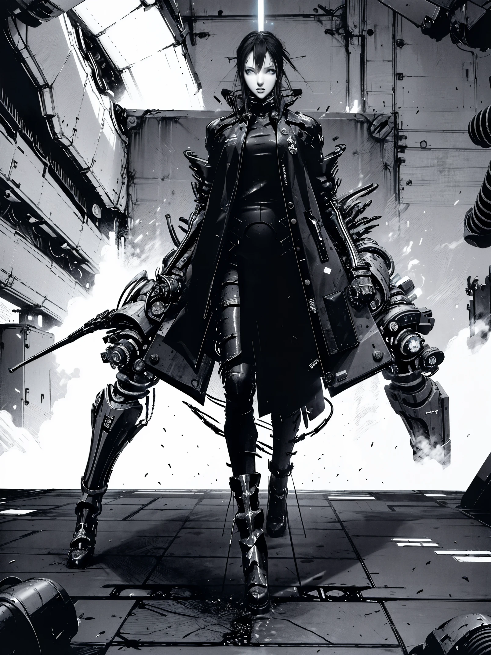 (best quality,4k,8k,highres,masterpiece:1.2),detailed manga page,sci-fi art,black and white,high contrast,sharp lines,mechanical creatures,futuristic cityscape,laser beams,complex architecture,technological elements,strong perspective,glowing symbols,debris flying in the air,detailed textures and shading,harsh lighting,gritty atmosphere,monochrome tones and shades.