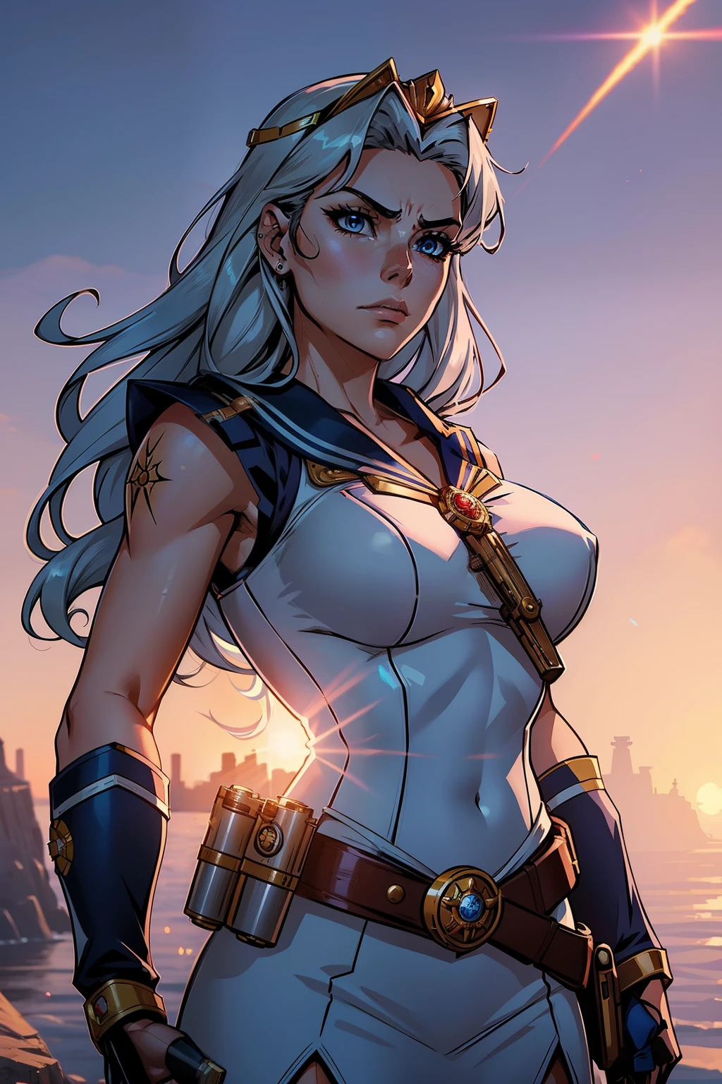 In the thrilling launch trailer for the official anime game, "Gunlock and the Bullet Princess" S2, we witness a captivating scene unfold. The princess, with her long, flowing locks of silver hair and piercing blue eyes that remind us of Sailor Moon, dons a stunning ensemble of armor and a bullet-shaped tiara. Her determined gaze is fixed on the horizon, her hands poised on the triggers of her twin guns, ready to embark on her next adventure.

Standing beside her, the rugged and stoic Gunlock, a grizzled veteran with a scarred face and a heart of gold, holds a golden gun aloft, the sunlight glint
