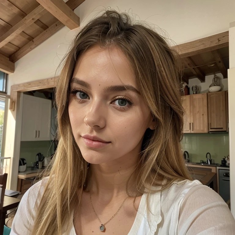 A 23-year-old blonde woman, ((pechos grandes)), ((hiperrealismo)) ,. blonde hair with light brown roots. cabello rubio, Hair with brown roots, cabello extra largo, cabello muy largo, Cabello muy largo, hermoso, vista frontal, autofoto, Foto tomada con iPhone, traje con escote, escotada, maquillada, autofoto chalet de lujo, fondo desenfocado, alta calidad, autofoto iPhone, escote, ojos verdes, labios carnosos