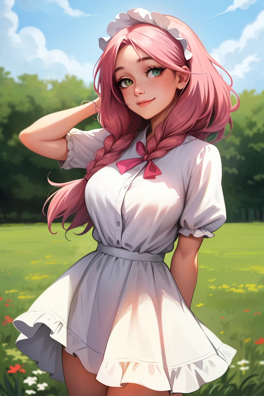 Ultra-detailed wide-area camera captures an outdoor scene of an incredibly beautiful, happy woman in anime style. Her eyes, adorned with red, green, and black hues in the Rutkowski Repin manner, radiate warmth and joy. Wlop's natural pink hair, realistic and flowing in the breeze, frames her face as she smiles. The Jean-Baptiste Monge style highlights accentuate her large, perfect eyes, which sparkle with light freckles.
She wears a light pink and white frilly dress, which billows gently in the wind, and her plaited hair is adorned with ribbons. The artistic details of her appearance align