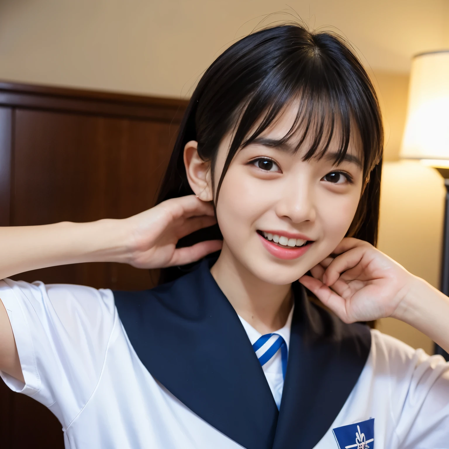 Best-quality, Masterpiece, Ultra-High-Resolution, (Photorealistic:1.4), Raw-Photo, 1girl, 12-years-old, the most famous Japanese idol, wearing only Japanese high-school uniform with cute design, at midnight, on bed, face-focus, portrait, extremely cute face like a most popular Japanese idol, extremely beautiful big-black-eyes, extremely beautiful black-short-cut-haired, extremely beautiful long-eyelashes, extremely beautiful lips, extremely beautiful skins, ((reaching intense orgasm):1.5), detailed Japanese-high-school-uniform-with-cute-design, (((She took large amounts of illegal drugs that enhanced her orgasm. She has an intense orgasm for a long time. She looks at the viewer with the happiest face in the world.)))