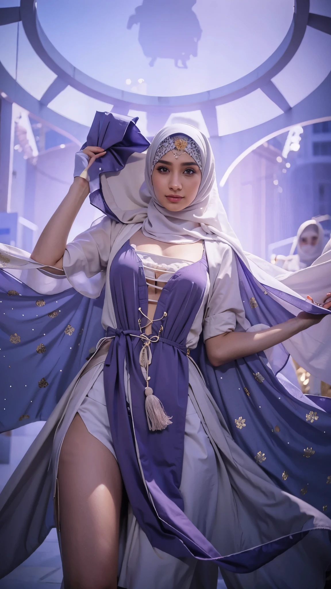 RAW-фото 24-летней девушки в никаб Satin abaya sexy purple, Satin, portrait of a person wearing hijab,, 8k contract, SLR camera, soft lighting, high quality, Granularity, Fujifilm XT3, covered dress, patterned dress, Giant breasts:1.5 
