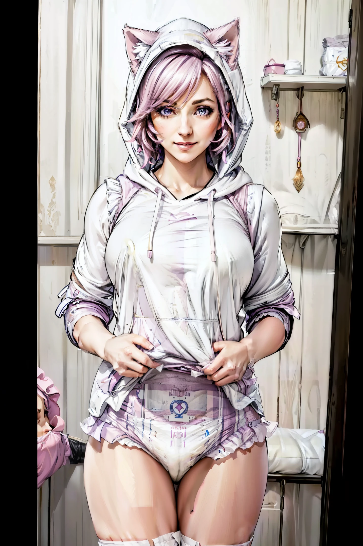 (mature woman:1.3), adult, solo, Pink short hair, purple eyes, medium chest, blush, smile, (white hooded sweatshirt:1.1), (cat ears on hood:1.1), (white panties with ruffles:1.1), (hands near face:1.2), (masterpiece), (high quality), (best quality), (detailed), hd, perfect lighting, detailed face, detailed body, full body, ((wearing a diaper)), ((diapers)), ((cushy big diaper))