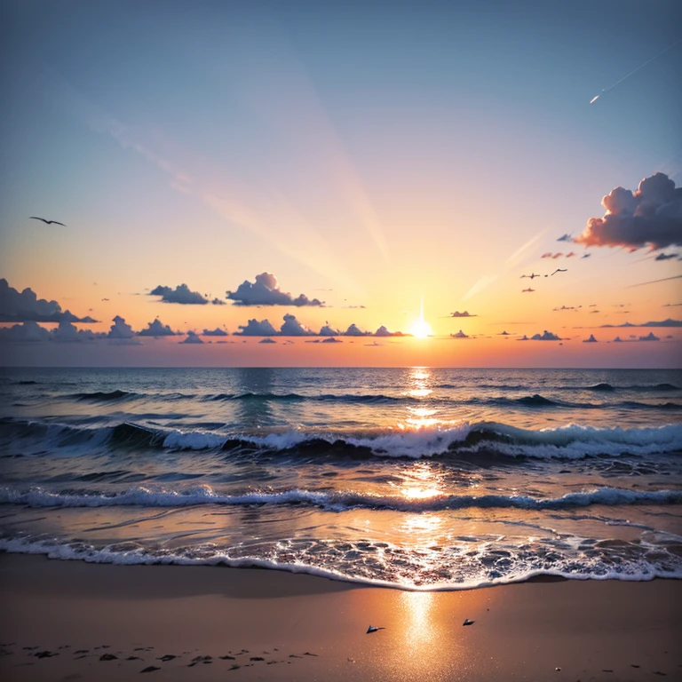 An absolutely mesmerizing sunset over the beach, with a blend of oranges, pinks, and yellows filling the sky. Crystal-clear waters of the sea gently kissing the shore, with sandy white beach stretching far and wide. The scene is dynamic and breathtaking, with seagulls soaring high in the sky and gently swaying palm trees. Take in the calming atmosphere and let the peacefulness wash over you.