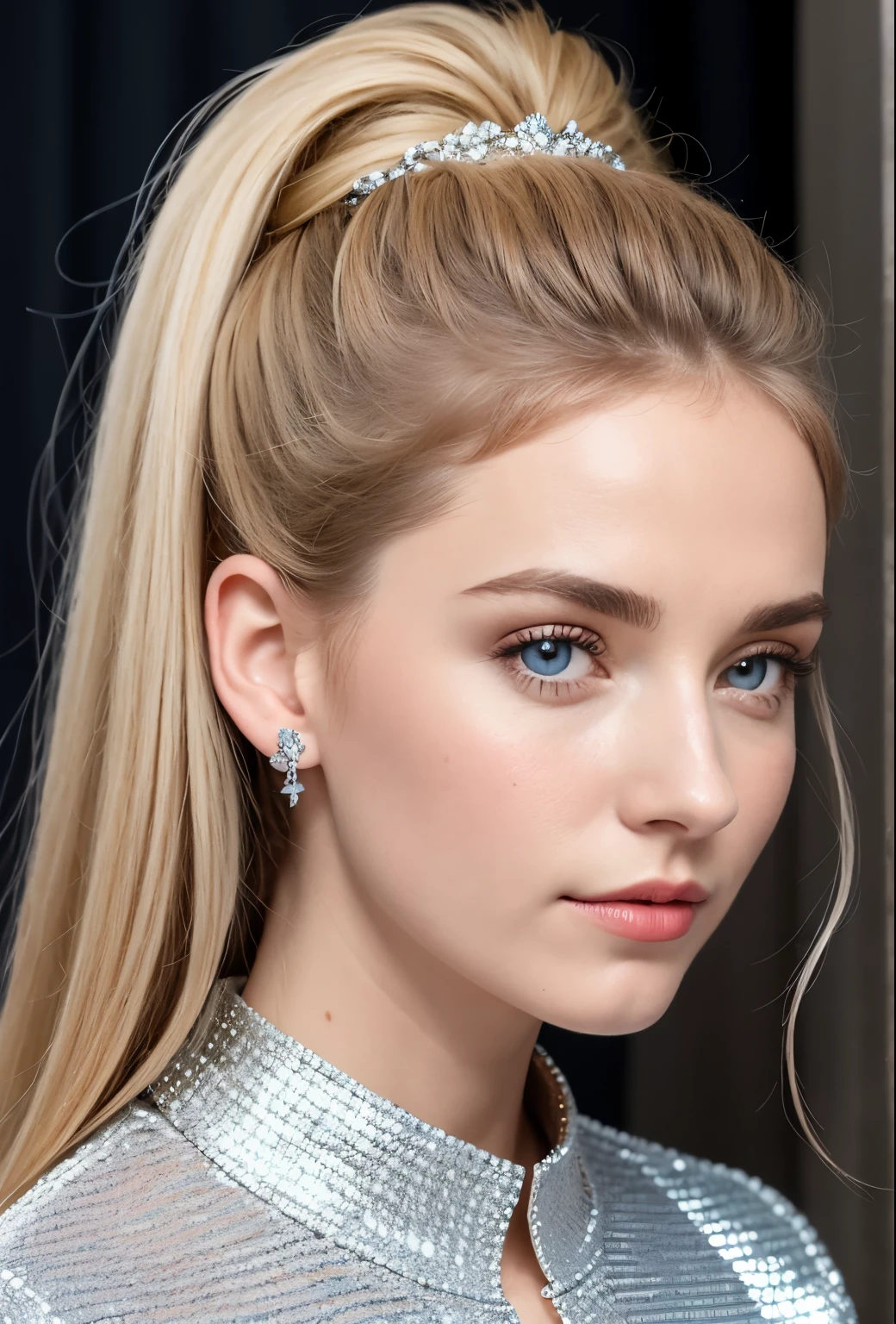 (Highest quality, masterpiece:1.2), Ultra-high resolution, Realistic, Front lighting, Exquisite detail, Exquisite detail and texture, One girl, alone ,(young), Facial highlights, Upper Body, Detailed face, Teardrop Mole, white skin, Silver Hair, ponytail, Braid, View your viewers, Big eyes, silk robe, (Hollow pattern, white, silk), Earrings, Small breasts, The body is slim, Luxurious Room, Professional Lighting, Photon Mapping, Radio City, Physically Based Rendering,