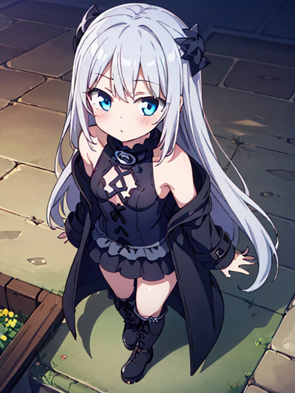 best quality,megami magazine,[[[[[[[[extra limbs]]]]]]]],[[[[extra digit]]]],[[[[fewer digit]]]],full body,((face focus)),((eye focus)),from above,((((1girl)))),blush,pale skin,petite,blue eyes,small breasts,((woman)),((((contrapposto)))),magic hour,silver hair,((long hair)),((straight hair)),bare shoulders,gothic sundress,((((black coat)))),frilled skirt,black platform boots,elbow gloves,
