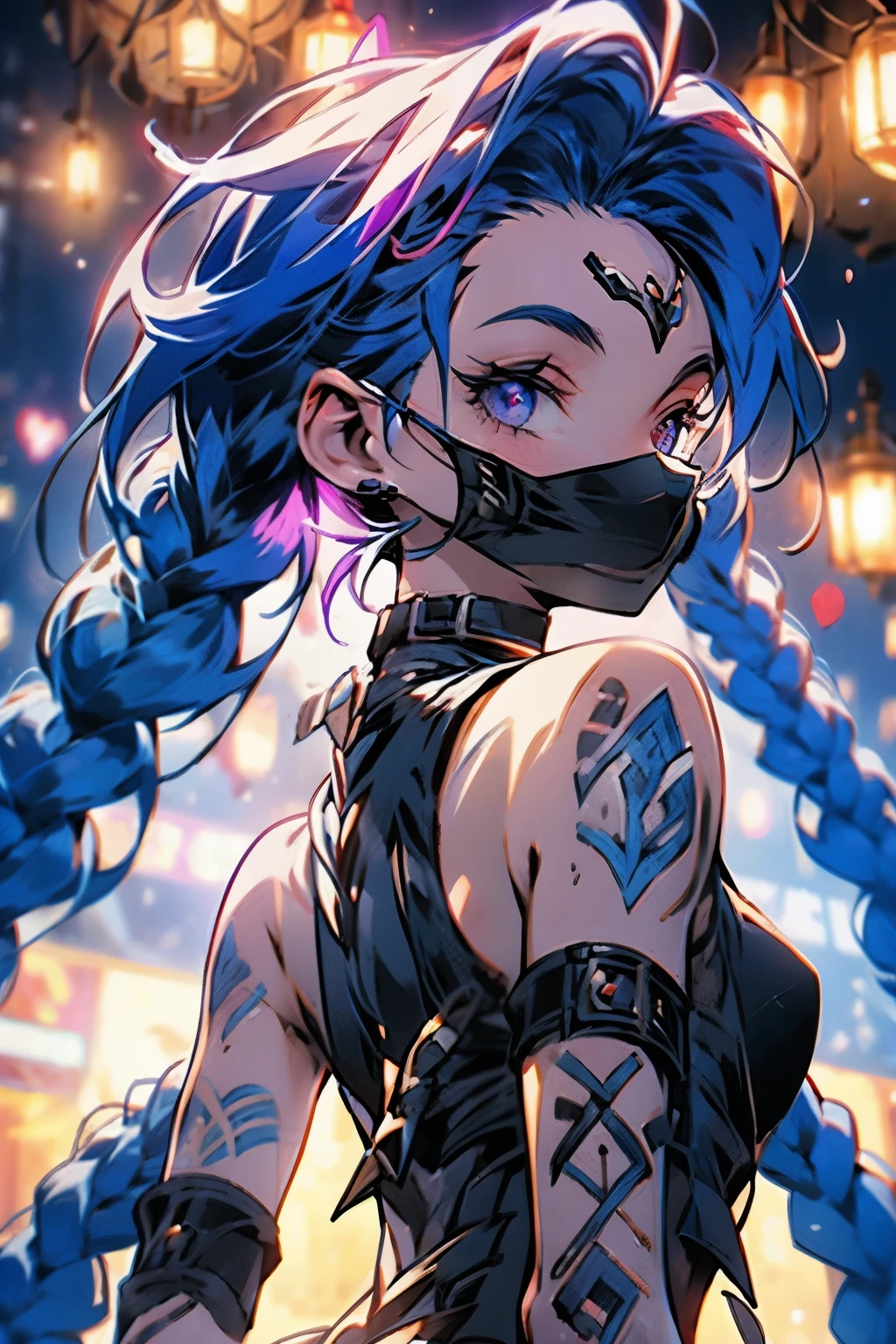 Nsfw, Jinx, league of legends, (master part, best quality;1.3), extremamente detalhado ,ultra detalhado, 1girl,sozinho, seios pequenos, ornamento de cabelo, Brincos, Olhando para o Viewer, mini saia, micro bra, olhos roxos, 4k resolution, ultra-realistic, altamente detalhado, corpo inteiro, noite, dynamic lights, lua cheia