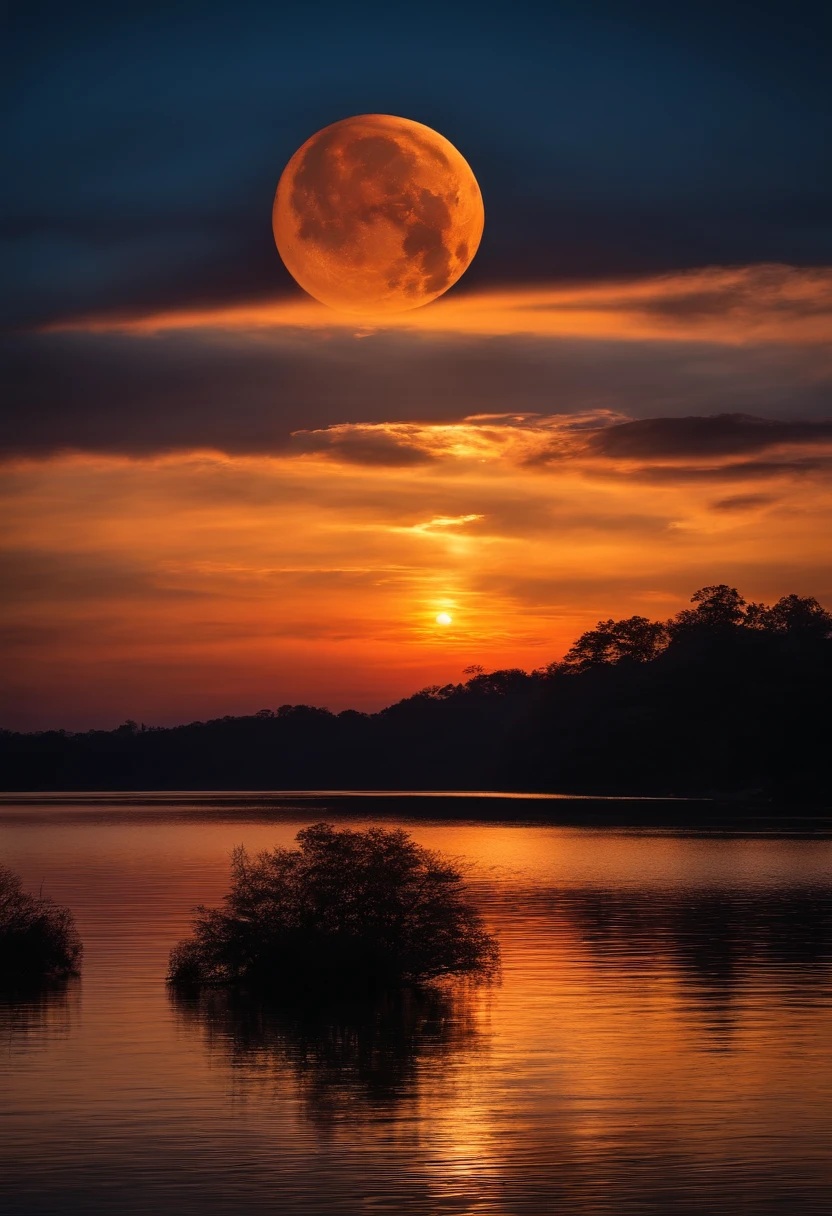 Sunset sky、Impossibly big moon、lake、mont、Fantastical、Best Quality、Masterpiece