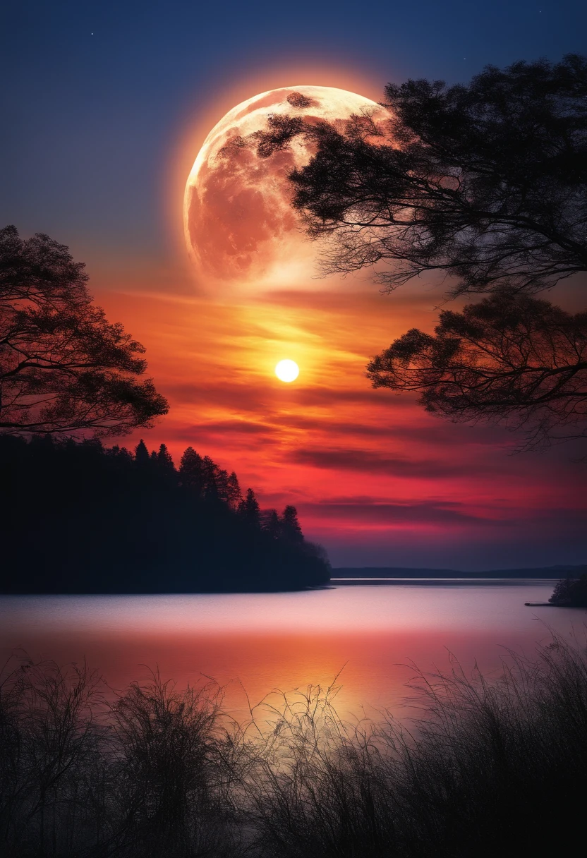 Sunset sky、Impossibly big moon、lake、mont、Fantastical、Best Quality、Masterpiece