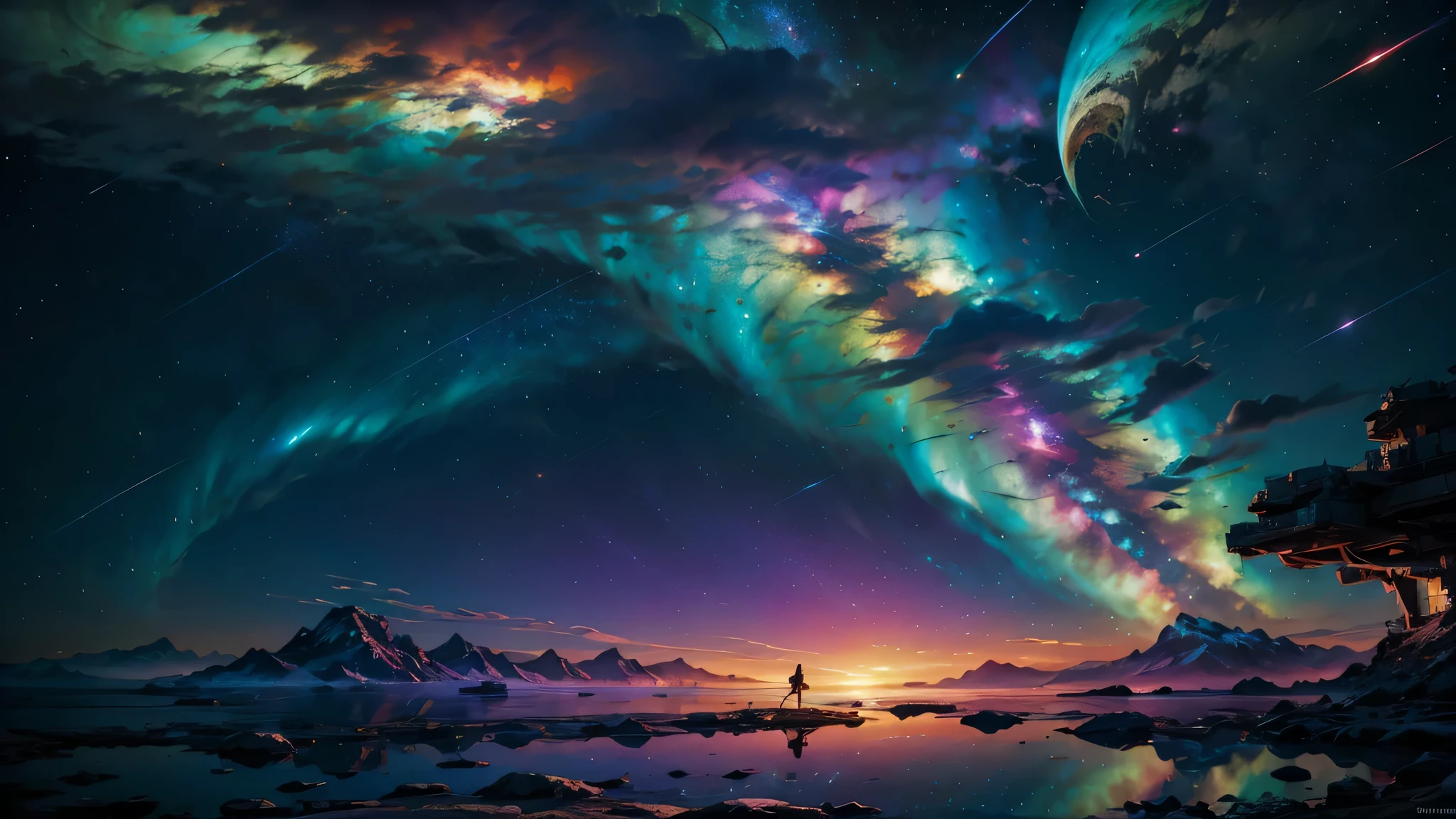 Hyper Vibrant Nebulae Octans by_Mappa Spacious Starry_sky Borealis ((🎈Sunset epic sunshine parabolic sunrise Rain_Color Colorful_liquid_on_naked_body:1.3 Colorful_body Colorful_ink_on_hair:1.2 Rainbow Abundant_colorful_liquids White_liquid fullbodye wet_Color_liquid)) In the vast expanse of the cosmos, a breathtaking image unfolds before your eyes. In the heart of a starry galaxy, vibrant nebula dance and swirl, their ethereal colors blending and intertwining. The scene is a symphony of cosmic beauty, with tendrils of interstellar dust and gas reaching out into the void. The stars shine with an otherworldly brilliance, illuminating the cosmic tapestry that stretches across the vastness of space. It is a visual feast for the senses, an awe-inspiring glimpse into the wonders of the universe. BREAK,Detailed,Realistic, highly detailed digital art,octane render, bioluminescent, BREAK,by Mappa studios,masterpiece,best quality,official art,illustration,ligne claire,(cool_color),perfect composition,absurdres, fantasy,focused,rule of thirds masterpiece meticulously intricate 🎠deep path equirectangular🎡 ultra_high-details extreme improved ultra_high-quality ultra_high-res ultra_photo-realistic optimal ultra_sharpness perfection accurate volumetric SunLight Lightning_contrast global_illumination cgi vfx sfx reflex Octane_rendered ultra_high-def UHD XT3 DSLR HDR romm rgb pbr 3dcg fxaa blu-ray vivid colors-coded anti-aliasing fkaa txaa rtx ssao opengl-shaders glsl-shaders post-processing post-production cell-shading tone-mapping ❤luminescence 😘glow 👩Heart hearth Crystalline butterfly earth invoke monarch magic fleuraison monster monstrous creature sundrop slide onyx summon transparent ruby Earth hearth bloom flash Tourmaline opal strange glow hole reflection varies multi etc. --s 1000 --c 20 --q 20 --chaos 100