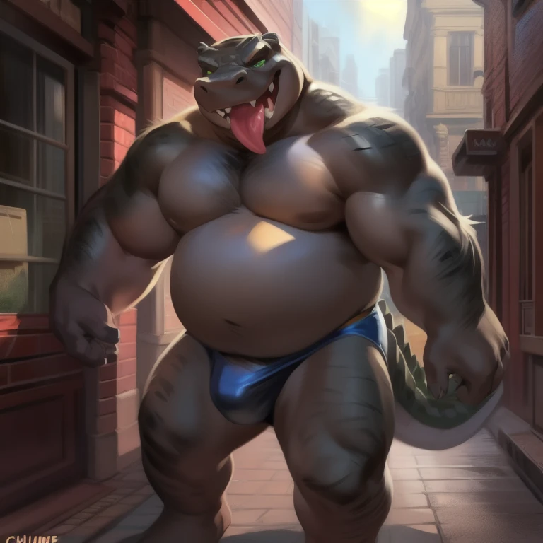 Solo, male, standing, alligator, rape face, hungry expression, grey skin, pink skin, big face, fangs, blep, thick tongue, green eyes, detailed eyes, overweight, flabby, big, massive, giant, fat, big arms, by chunie, by darkgem, by dramamine, by glitter trap boy, long legs, street, detailed speedo