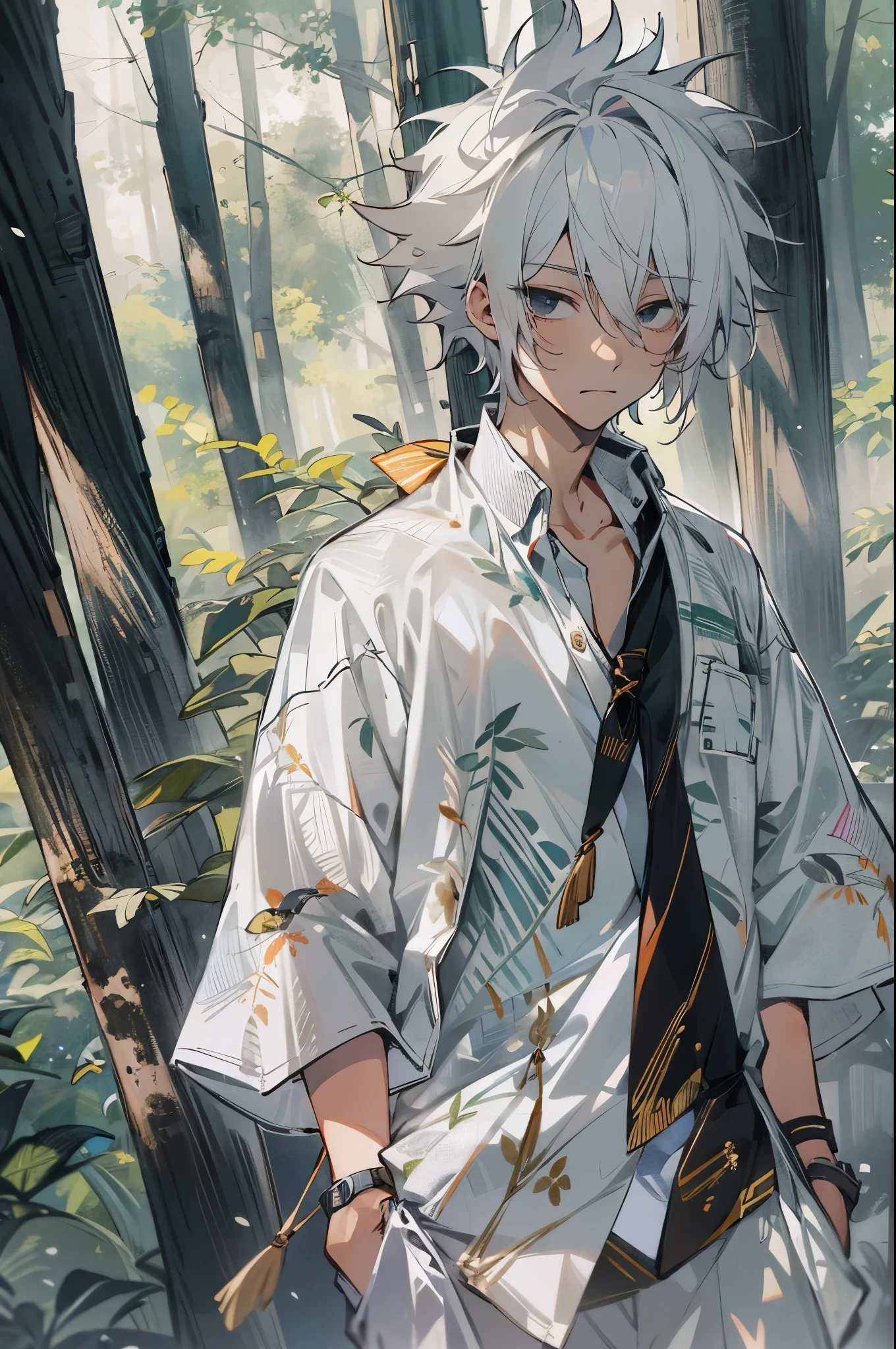 teen male, white hair, messy spikey hair, white haori over shirt, forest background, black eyes
