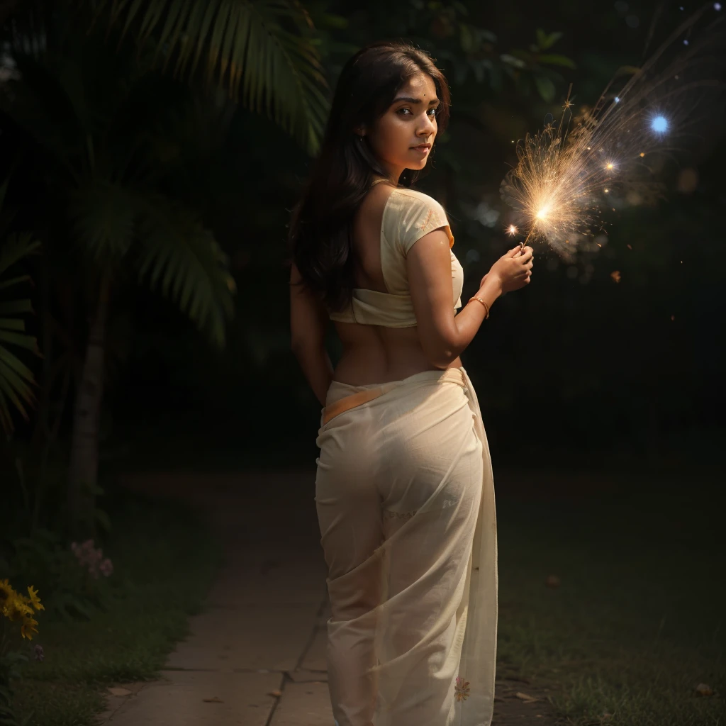 (best quality, masterpiece), south indian girl ,back pose,wearing saree, particle, wind, flower, full body, simple background, looking at viewer, brown hair, galaxy,