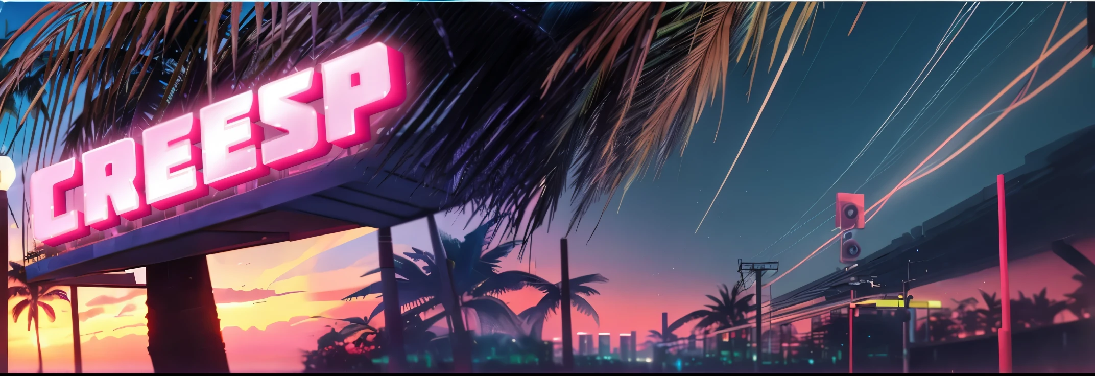 sky palm trees digital anime art in cyberpunk style