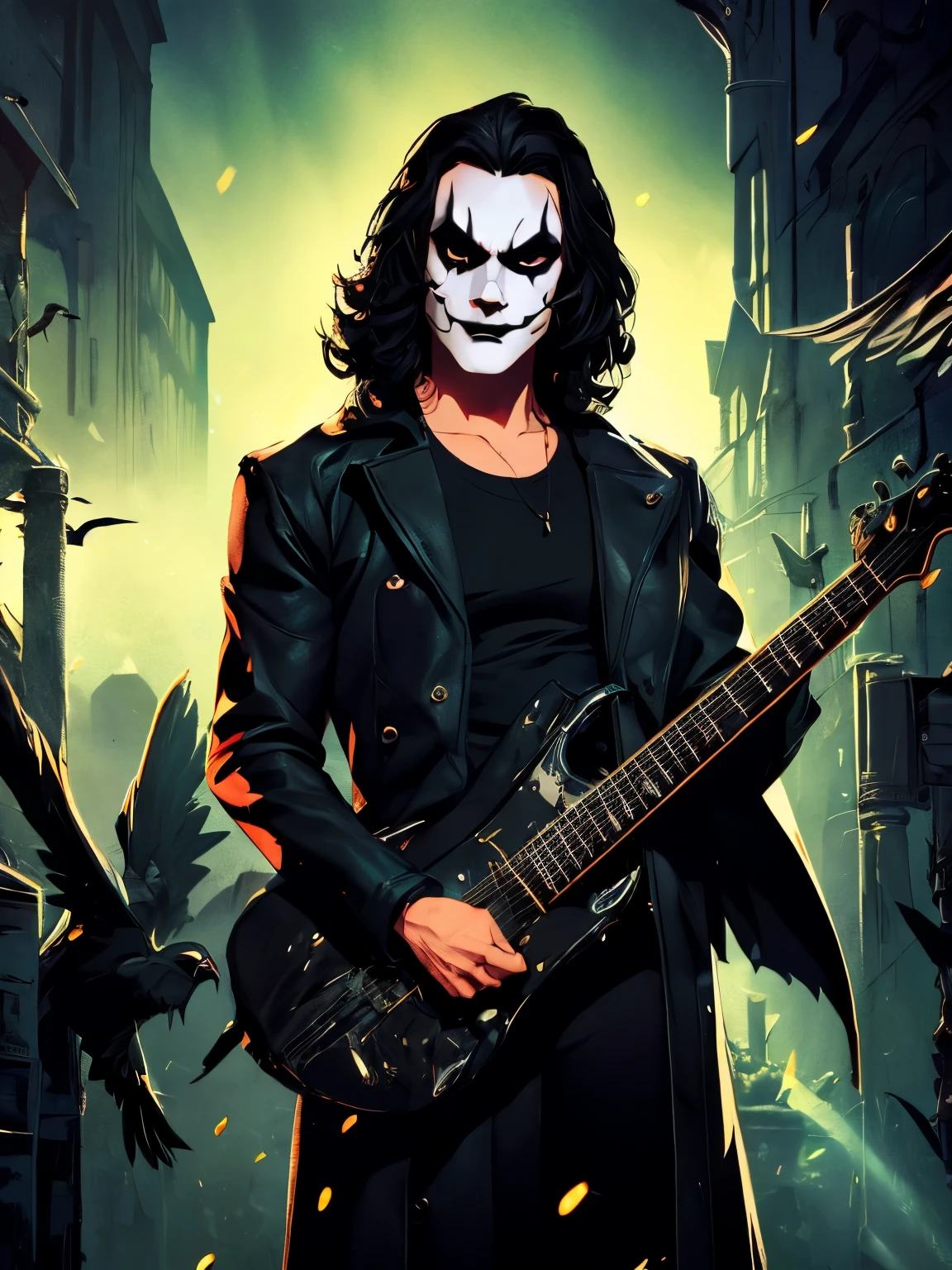 A cinematic poster of the character "The Crow". Half-body, The character is in the middle of a dark street, with a bright green light shining on him. (( The Crow V.IT Face, White face with black makeup )), The background is black with smoke. Wearing a The Crow Costume. The character is wearing a black overcoat, and black boots. He has long black hair and wears black makeup. He is holding a black guitar in his right hand. DETAILED FACE, intricaten. detailed pistol. Realism: The generated art should be realistic and highly detailed. Lighting: The lighting should be cinematic, with a bright red light shining on the character. Background: The background should be black with smoke.