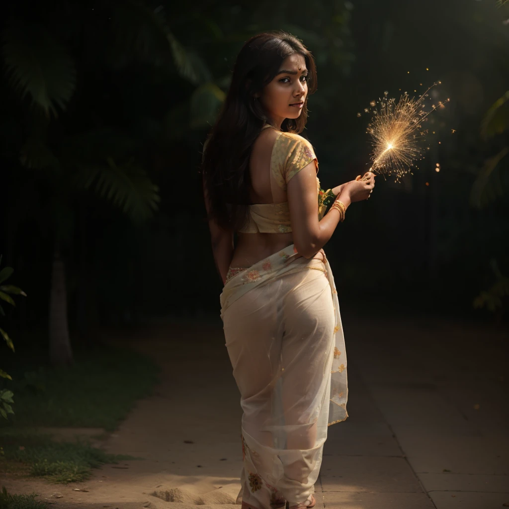 (best quality, masterpiece), south indian girl ,back pose,wearing saree, particle, wind, flower, full body, simple background, looking at viewer, brown hair, galaxy,