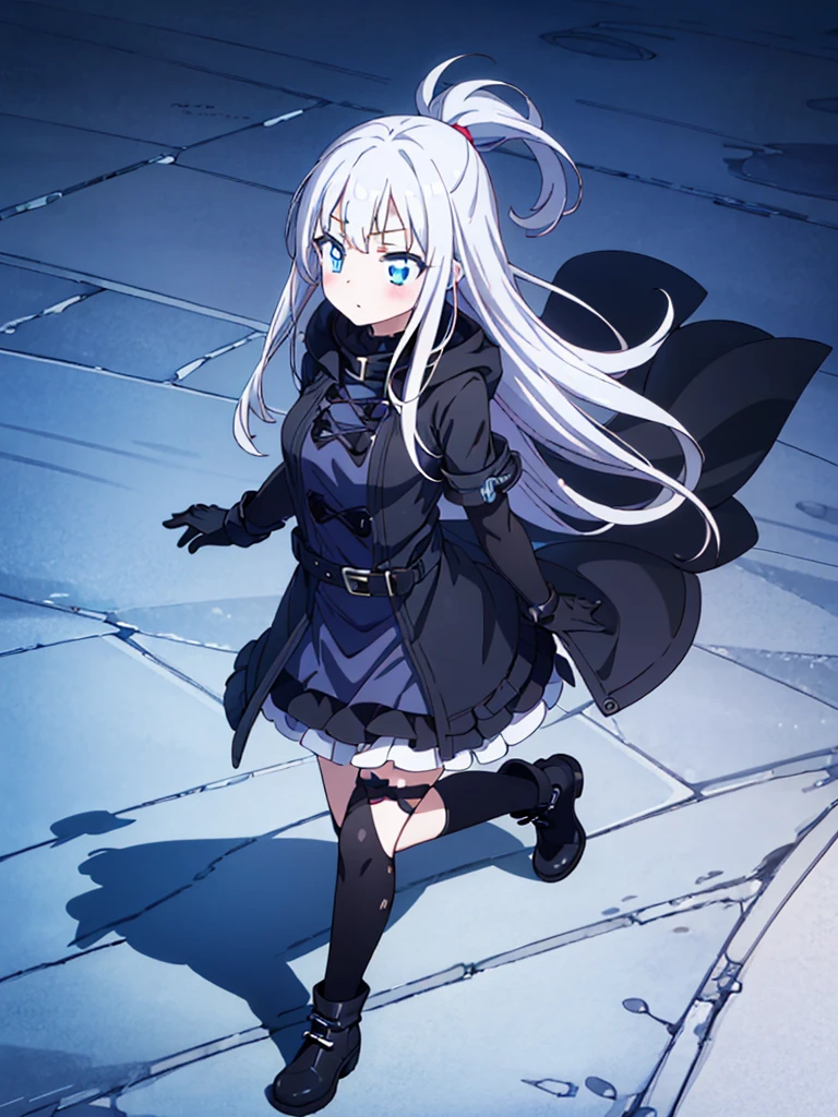 best quality,megami magazine,[[[[[[[[extra limbs]]]]]]]],[[[[extra digit]]]],[[[[fewer digit]]]],full body,from above,((((1girl)))),blush,pale skin,petite,blue eyes,small breasts,((woman)),((((running)))),magic hour,silver hair,((long hair)),((straight hair)),bare shoulders,gothic sundress,((((black coat)))),frilled skirt,black platform boots,((elbow gloves)),

