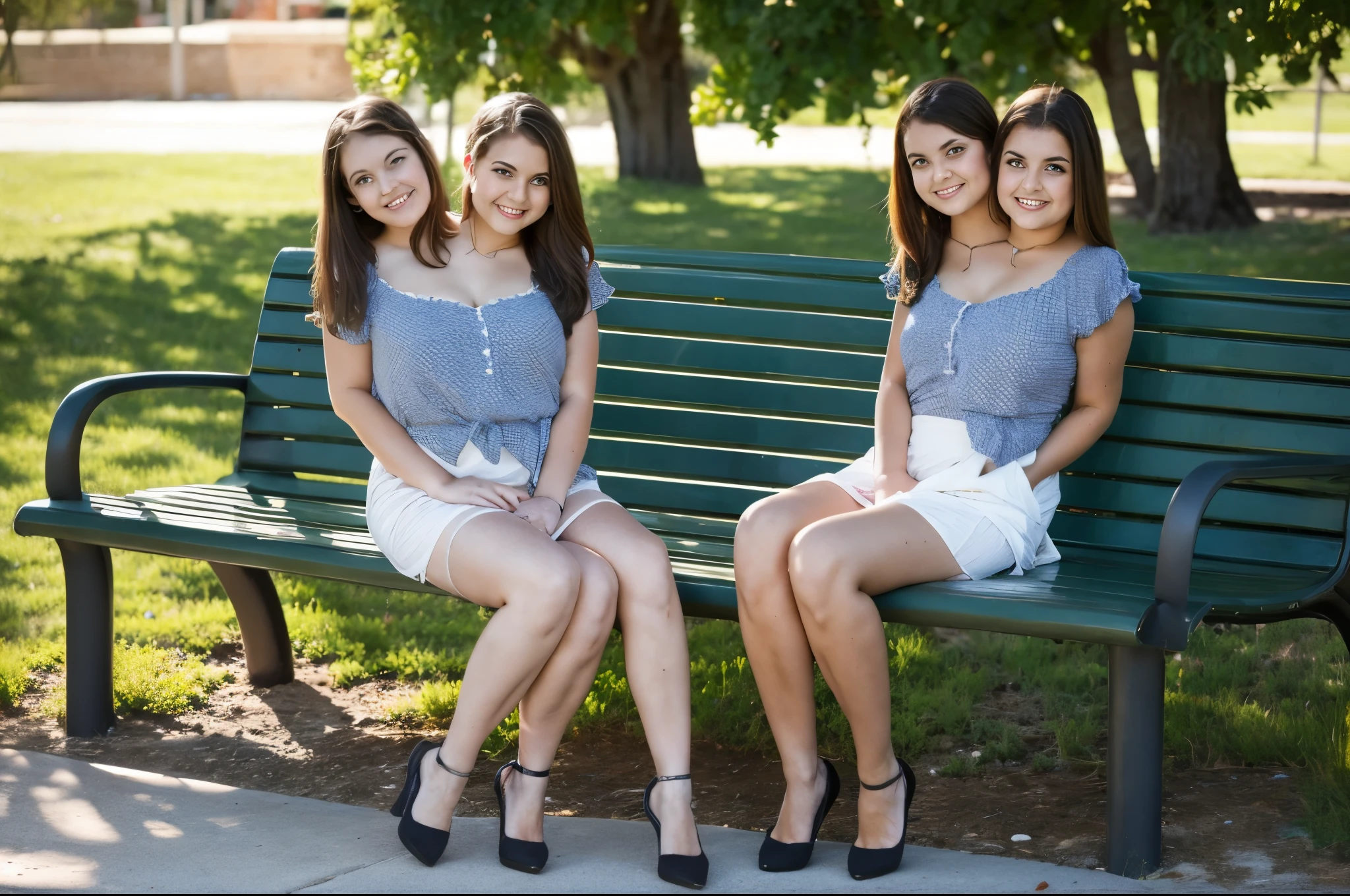 2heads, two headed girl with three legs, , American, curvy, cute, three legs, extra legs, crossed legs, sitting on a bench, flowing skirt, blouse,