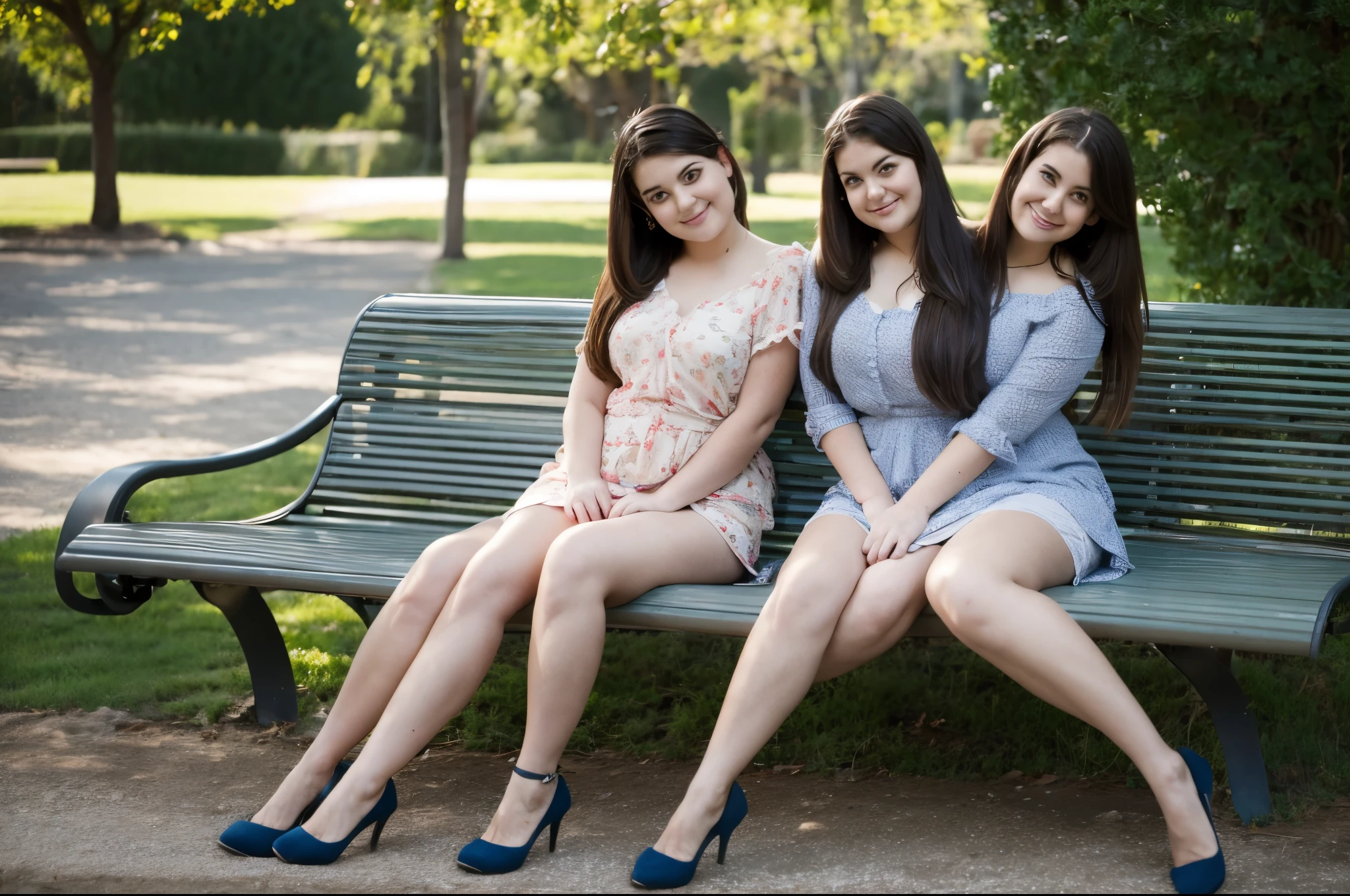 2heads, two headed girl with three legs, age 16, American, curvy, cute, three legs, extra legs, crossed legs, sitting on a bench, flowing skirt, blouse,