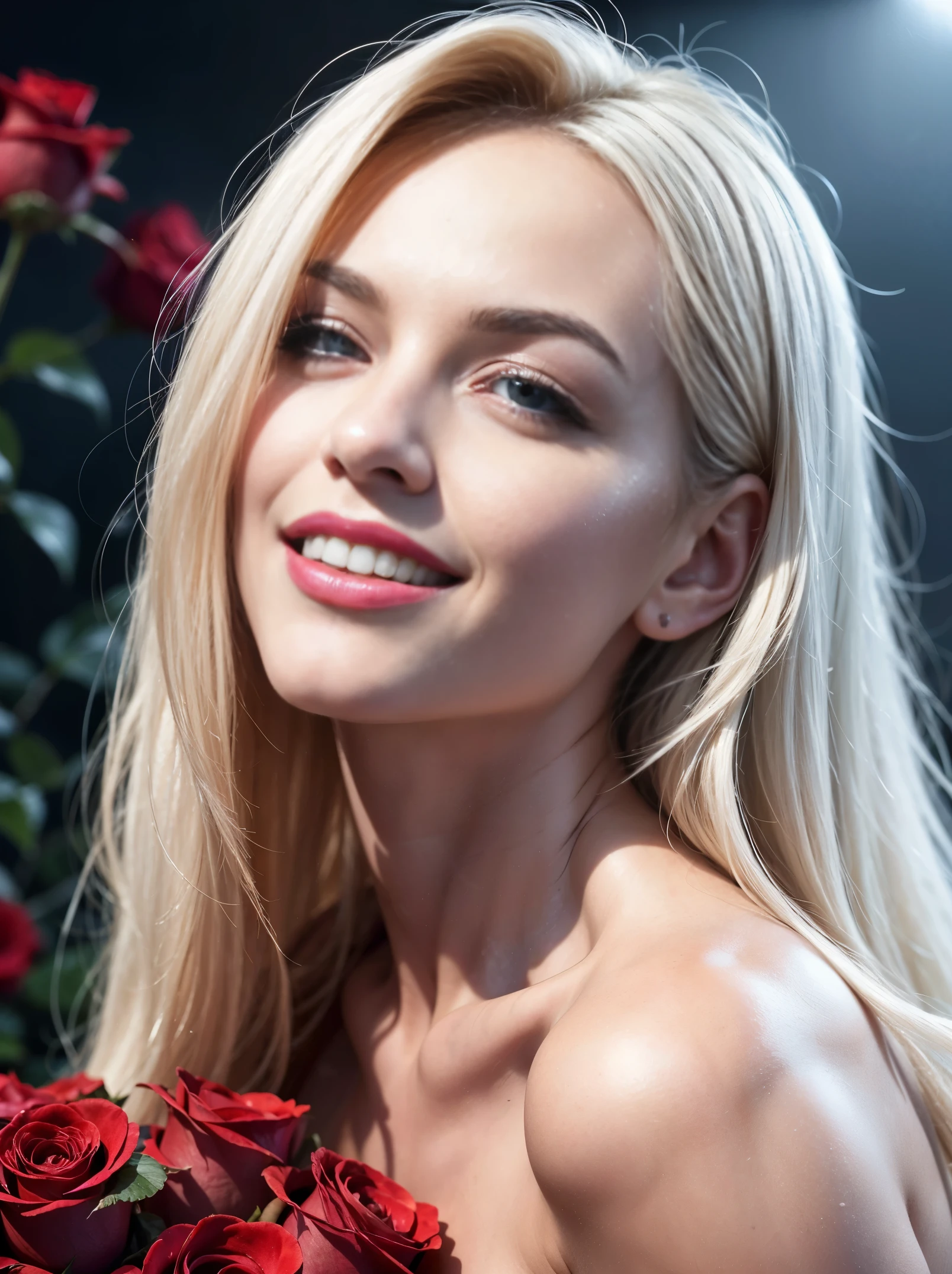 Create an artwork with three blended layers. The first layer should be the bottom third of the image and should contain the foreground. The second layer should be the middle third of the image and should contain the middle ground. The third layer should be the top third of the image and should contain the background. From below, roses level,
(Foreground: blurry red roses:.5). Middle ground: An ultra hot gorgeous European woman, age 23, long white hair. she's a playmate, men magazine model. (She is leaning forward. smelling roses with a smile:1.32). She wears a white sheer lace bra. Background a snowy village, winter starry night, northern lights.Perfect , perfect hair, , perfect body, perfect hands, perfect face, UHD, retina, masterpiece, accurate, anatomically correct, textured skin, super detail, high details, high quality, award winning, best quality, highres, 16k, 8k,
