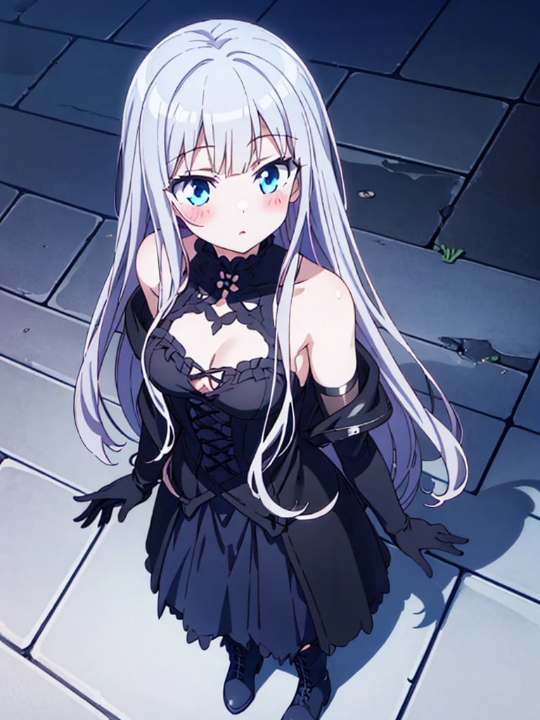 best quality,megami magazine,[[[[[[[[extra limbs]]]]]]]],[[[[extra digit]]]],[[[[fewer digit]]]],full body,from above,((((1girl)))),blush,pale skin,petite,blue eyes,small breasts,((woman)),magic hour,silver hair,((long hair)),((straight hair)),bare shoulders,gothic sundress,((((black coat)))),frilled skirt,black platform boots,((elbow gloves)),
