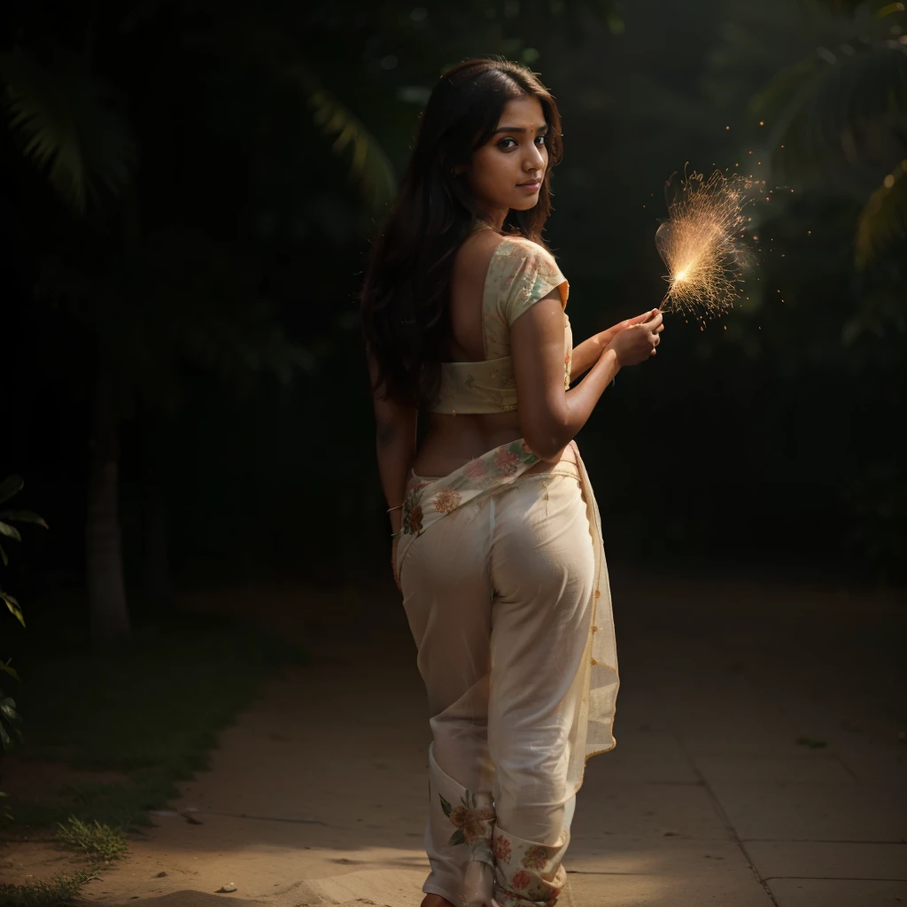 (best quality, masterpiece), south indian girl ,back pose,wearing saree, particle, wind, flower, full body, simple background, looking at viewer, brown hair, galaxy,
