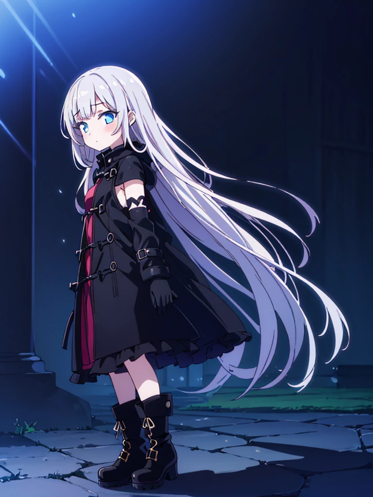 best quality,megami magazine,[[[[[[[[extra limbs]]]]]]]],[[[[extra digit]]]],[[[[fewer digit]]]],full body,((((1girl)))),blush,pale skin,petite,blue eyes,small breasts,((woman)),magic hour,silver hair,((long hair)),((straight hair)),bare shoulders,gothic sundress,((((black coat)))),frilled skirt,black platform boots,((elbow gloves)),
