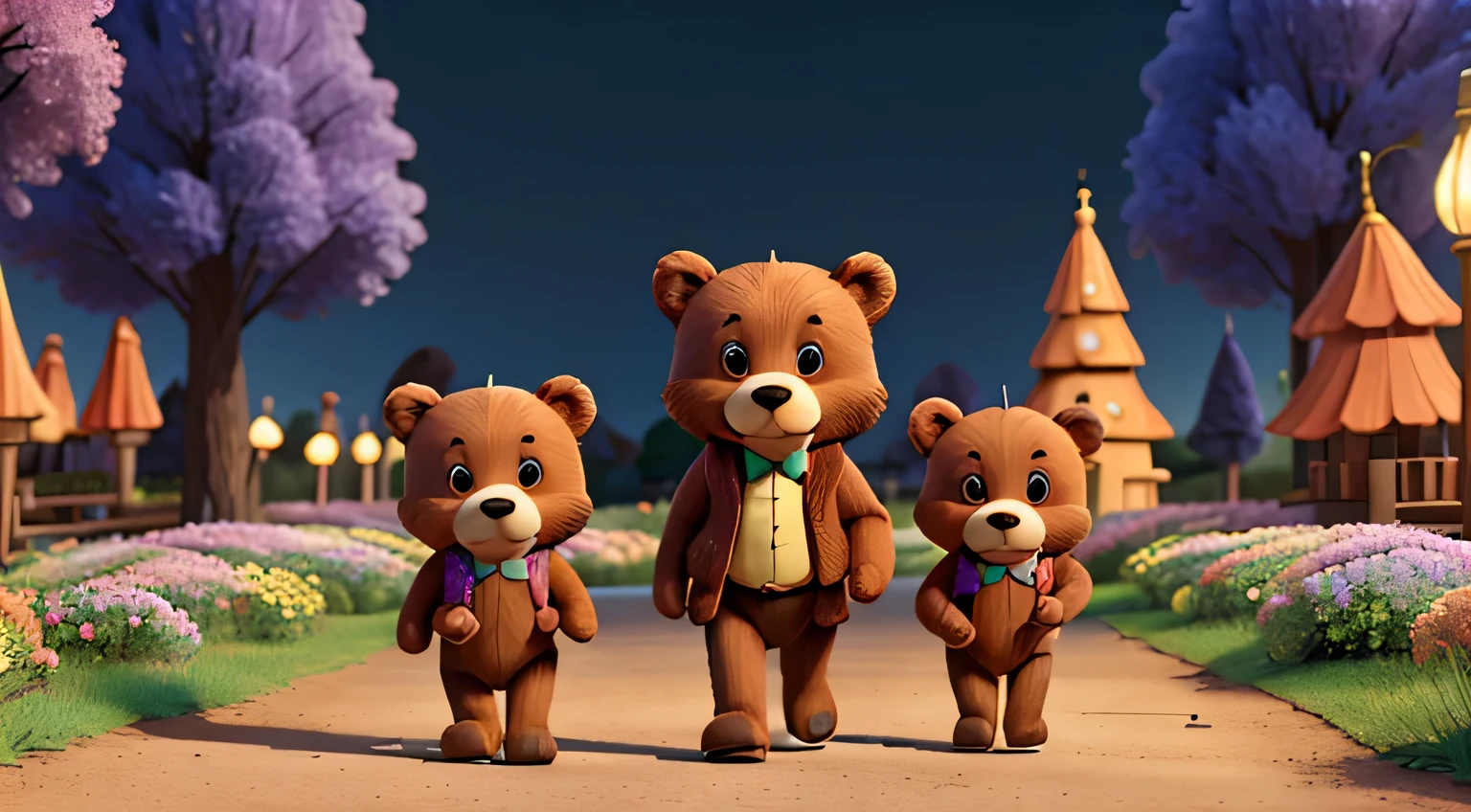 ursinhos marrons andando na terra dos doces, Estilo Disney