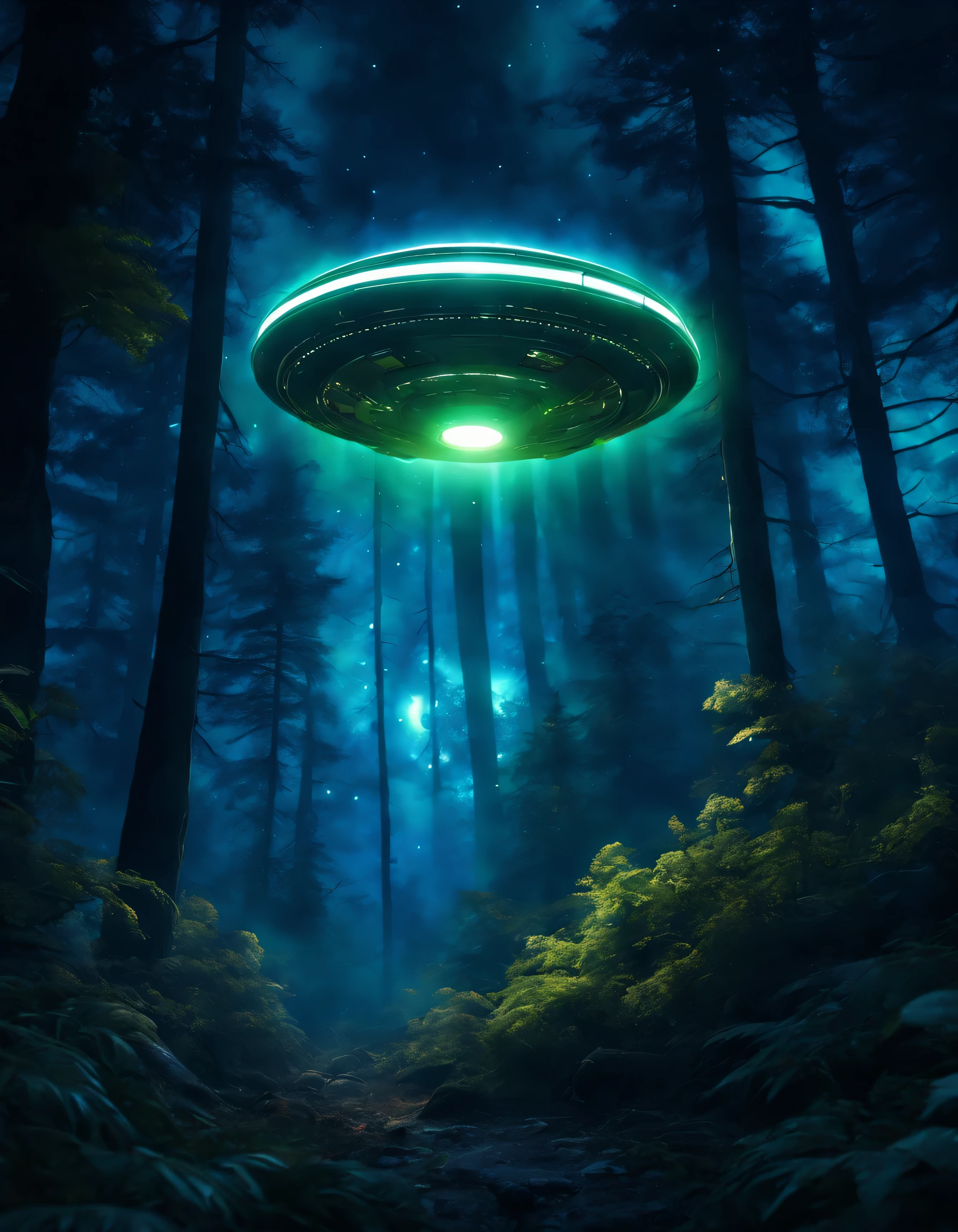 (8k, ultra-realista),OVNI pousando acima da floresta,luzes brilhantes circulando a fuselagem do OVNI,night time,forest scenario,atmosfera surreal,Peaceful Humor,trees and plants wrapped in soft moonlight, mysterious shadows cast by UFO,crisp details and textures, cores vibrantes, tons sutis de verde e azul,Majestic and imposing trees,folhagem espessa,som fraco de folhas farfalharem, ethereal glow illuminating the surroundings, hipnotizante e sobrenatural,ambiente calmo e sereno,stars twinkling in the dark sky,poderosos feixes de luz perfurando a copa,creating dramatic contrasts and intriguing shadows.