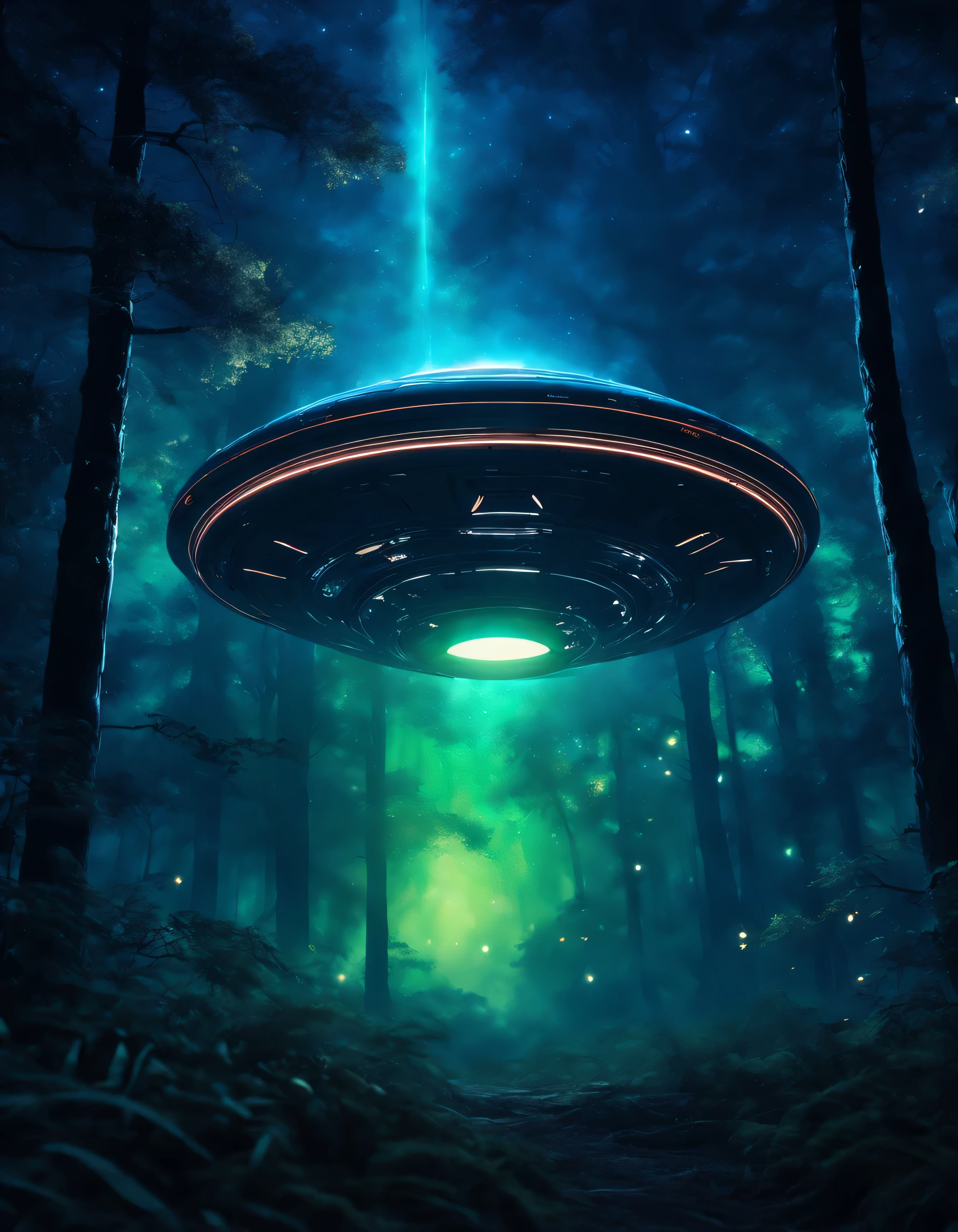 (8k, ultra-realista),OVNI pousando acima da floresta,luzes brilhantes circulando a fuselagem do OVNI,night time,forest scenario,atmosfera surreal,Peaceful Humor,trees and plants wrapped in soft moonlight, mysterious shadows cast by UFO,crisp details and textures, cores vibrantes, tons sutis de verde e azul,Majestic and imposing trees,folhagem espessa,som fraco de folhas farfalharem, ethereal glow illuminating the surroundings, hipnotizante e sobrenatural,ambiente calmo e sereno,stars twinkling in the dark sky,poderosos feixes de luz perfurando a copa,creating dramatic contrasts and intriguing shadows.