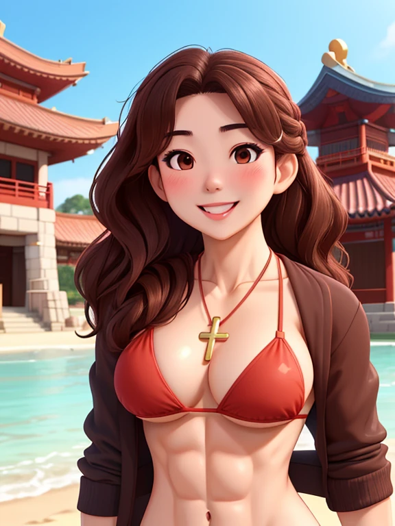 attractive korean woman, ripped muscle, muscular body, small breast, pale skin, smile(blush), bikini, cross necklace, sixpack abs, [ultra detailed skin:1.2], brown hair, wavy hair, 8k uhd, pussy, full body, crowd, public, temple, standing,