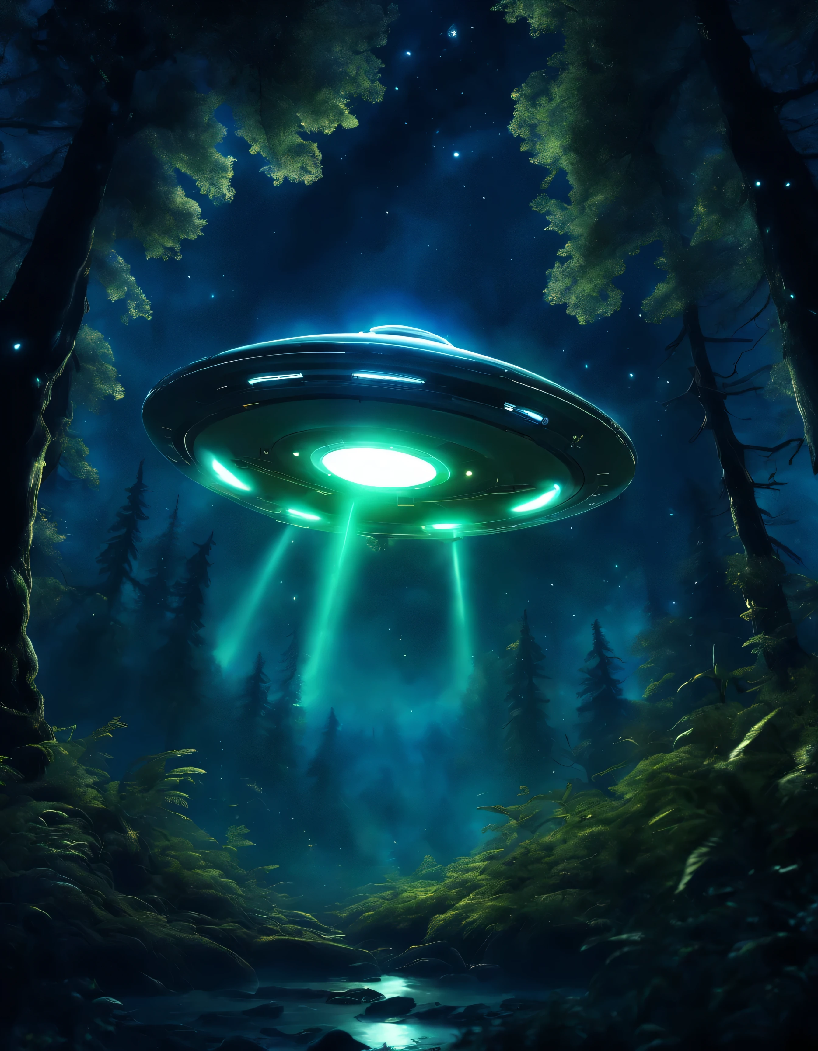 (8k, ultra-realista),OVNI pousando acima da floresta,luzes brilhantes circulando a fuselagem do OVNI,night time,forest scenario,atmosfera surreal,Peaceful Humor,trees and plants wrapped in soft moonlight, mysterious shadows cast by UFO,crisp details and textures, cores vibrantes, tons sutis de verde e azul,Majestic and imposing trees,folhagem espessa,som fraco de folhas farfalharem, ethereal glow illuminating the surroundings, hipnotizante e sobrenatural,ambiente calmo e sereno,stars twinkling in the dark sky,poderosos feixes de luz perfurando a copa,creating dramatic contrasts and intriguing shadows.