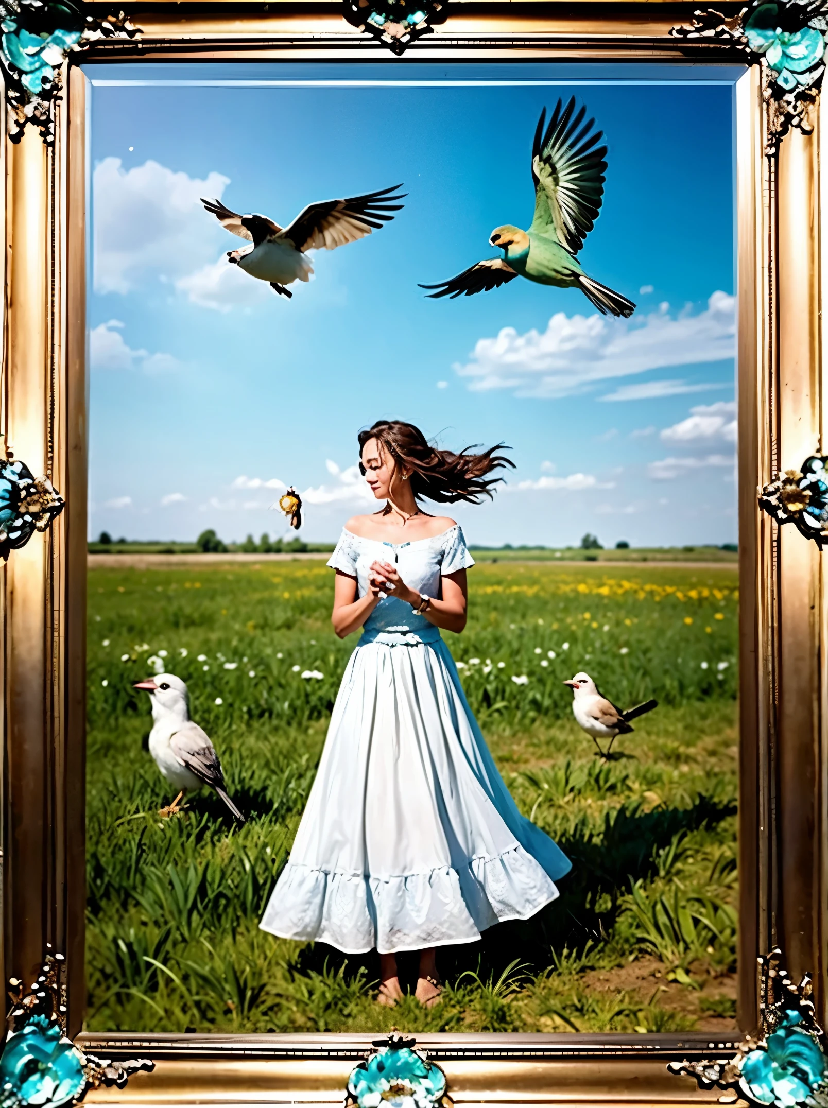 arafed woman holding a mirror in a field with a bird flying around, with a mirror, looking into a mirror, one person in frame, looking in a mirror, centered in a frame, only one person in frame, emotional picture, full body within frame, looking in the mirror, looking in mirror, beautiful image ever created, discovered photo, centered in the frame