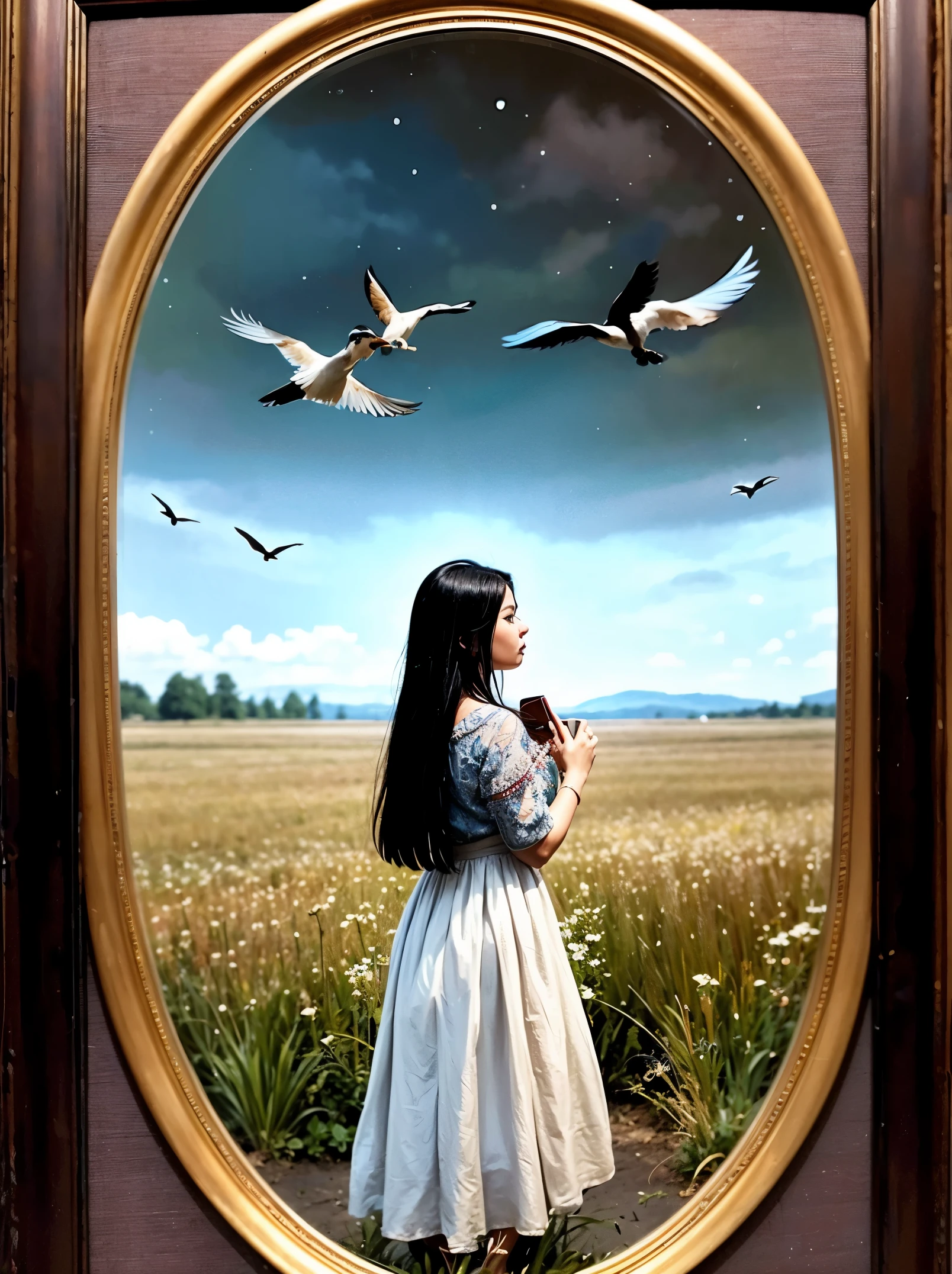 arafed woman holding a mirror in a field with a bird flying around, with a mirror, looking into a mirror, one person in frame, looking in a mirror, centered in a frame, only one person in frame, emotional picture, full body within frame, looking in the mirror, looking in mirror, beautiful image ever created, discovered photo, centered in the frame