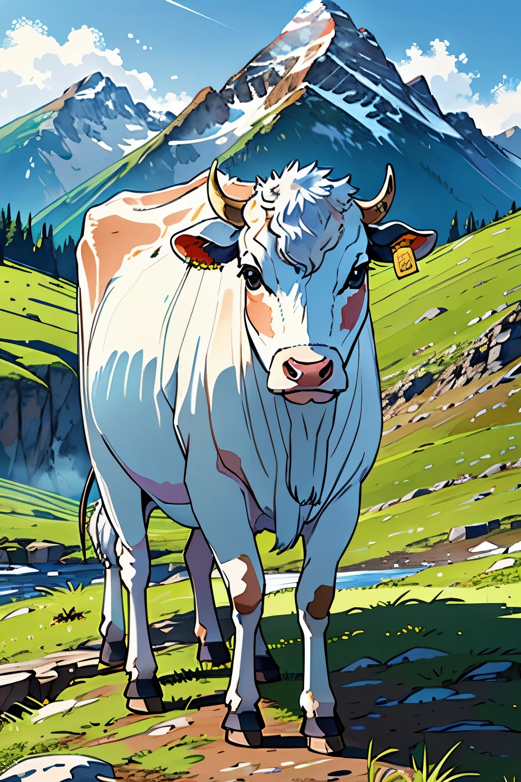 At the foot of a majestic mountain peak, a cow is grazing contentedly with its eyes fixed straight ahead. This top-quality masterpiece sketch portrays the cow's shiny hide and intricately detailed visuals in stunning 8K resolution. Observe its perfectly proportioned form, from the curved horns to the strong, sturdy legs. The cow's glossy eyes reflect the sun-dappled landscape surrounding it, adding an extra layer of depth to the scene. This sketch captures the tranquility and serenity of nature in its finest detail. (Mountain peak landscape:1.5), (Cow:1.4), (Quiet moment:1.2