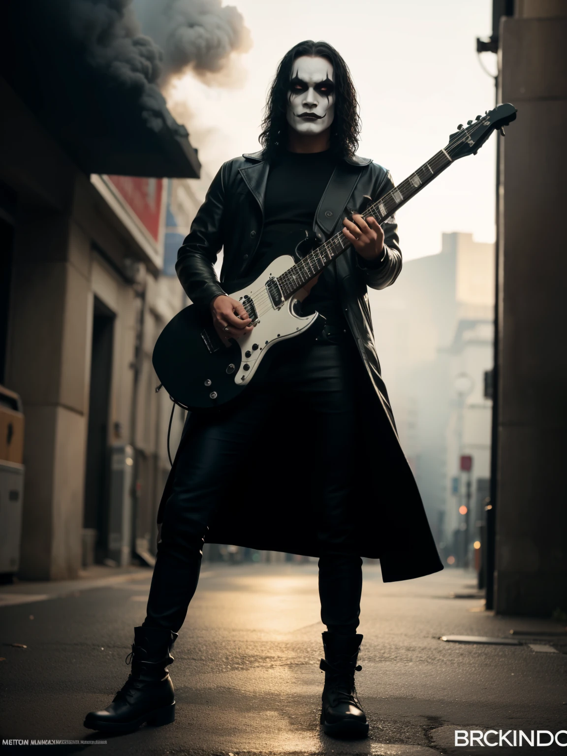 A cinematic poster of the character "The Crow". Half-body, The character is in the middle of a dark street, with a bright green light shining on him. (( The Crow V.IT Face, White face with black makeup )), The background is black with smoke. Wearing a The Crow Costume. The character is wearing a black overcoat, and black boots. He has long black hair and wears black makeup. He is holding a black heavy metal guitar in his right hand. DETAILED FACE, intricaten. detailed pistol. Realism: The generated art should be realistic and highly detailed. Lighting: The lighting should be cinematic, with a bright red light shining on the character. Background: The background should be black with smoke.