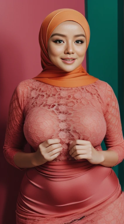 (NSFW,highres:1.2),mirafilzah,perfect body shape, slim waist, curvy hourglass figure, full body picture, skinny waist and thick hips,full body view,big boobs,wearing floral lace bra, big breast, plump body, beautiful detailed eyes,long eyelashes,natural makeup,soft smile,she has a jiggly fat round belly,vivid colors,studio lighting,physically-based rendering,digital artwork,bokeh