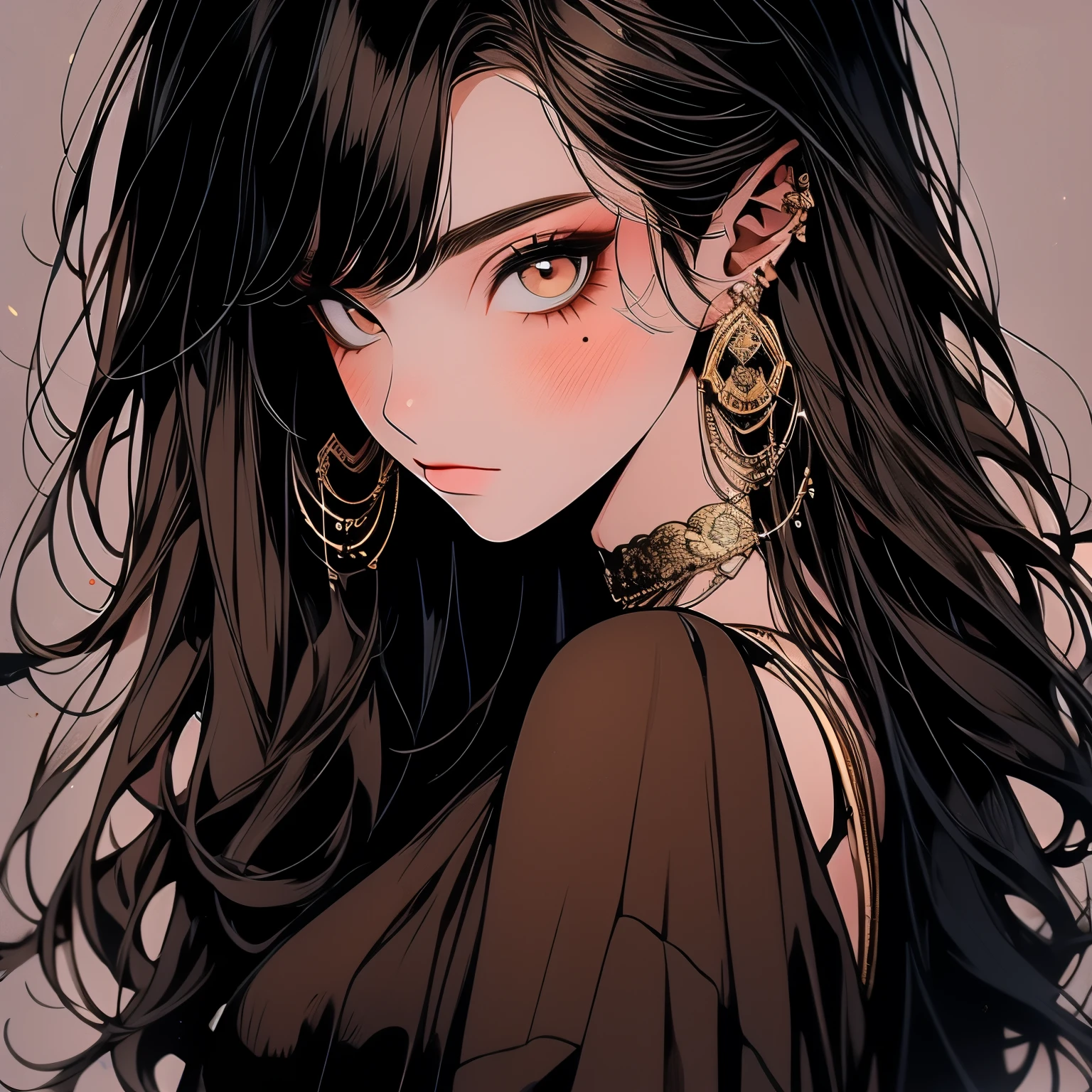 25 year old person with androgynous features, messy shoulder length brown hair, golden eyes, beauty mark under right eye, brown skin, dresses comfortably
