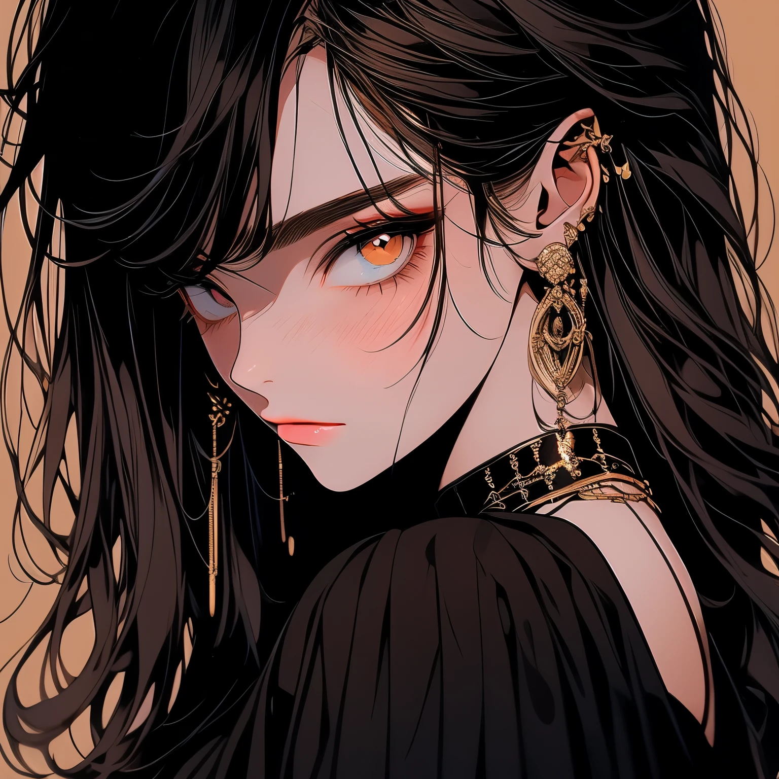 25 year old person with androgynous features, messy shoulder length brown hair, golden eyes, beauty mark under right eye, brown skin, dresses comfortably