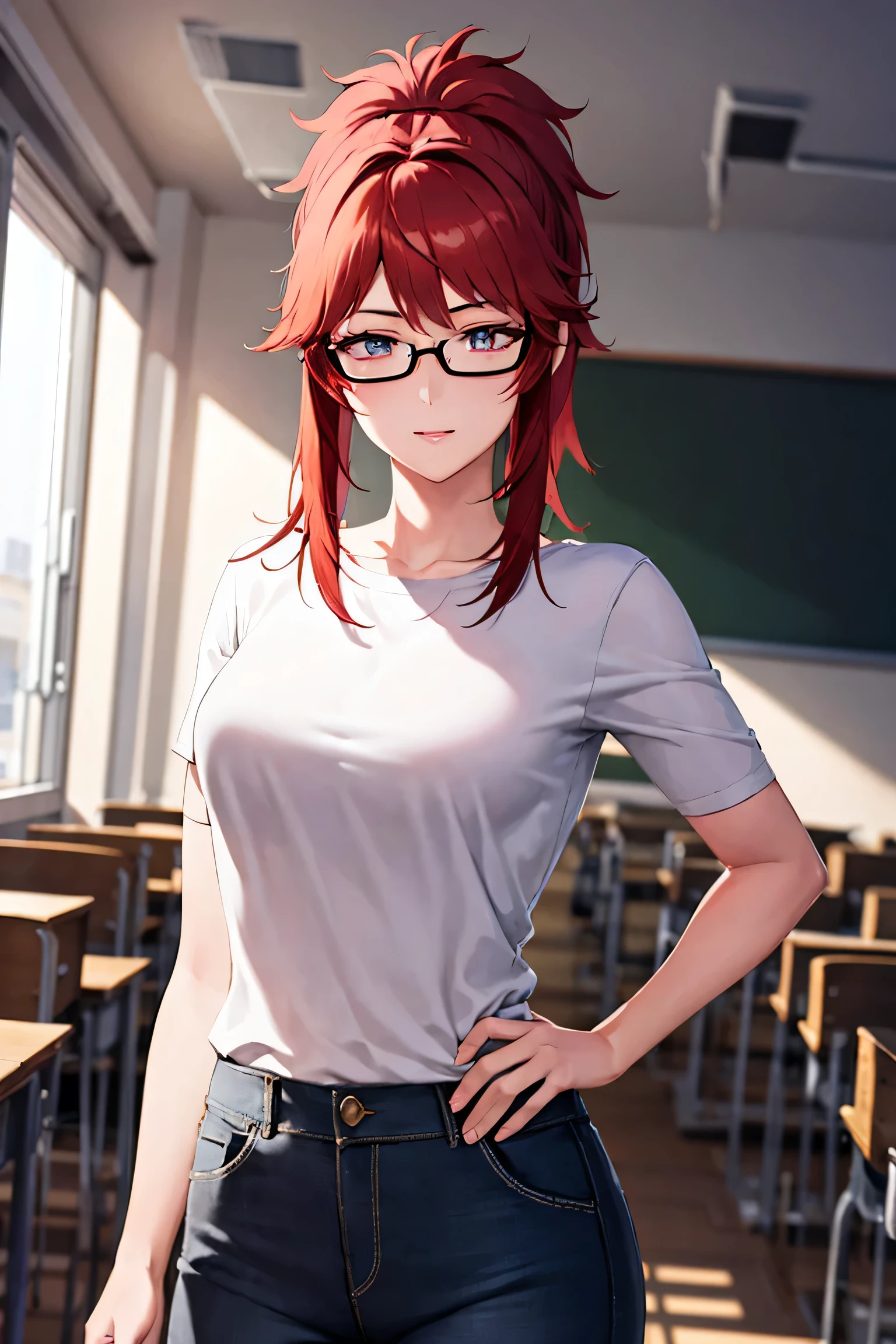 aizawa_akemi, 1girl, red eyes, red hair, ponytail, BREAK glasses and fake clothes, BREAK looking at viewer,pose, hand on hip, BREAK indoors, classroom, BREAK (masterpiece:1.2), best quality, high resolution, unity 8k wallpaper, (illustration:0.8), (beautiful detailed eyes:1.6), extremely detailed face, perfect lighting, extremely detailed CG, (perfect hands, perfect anatomy),