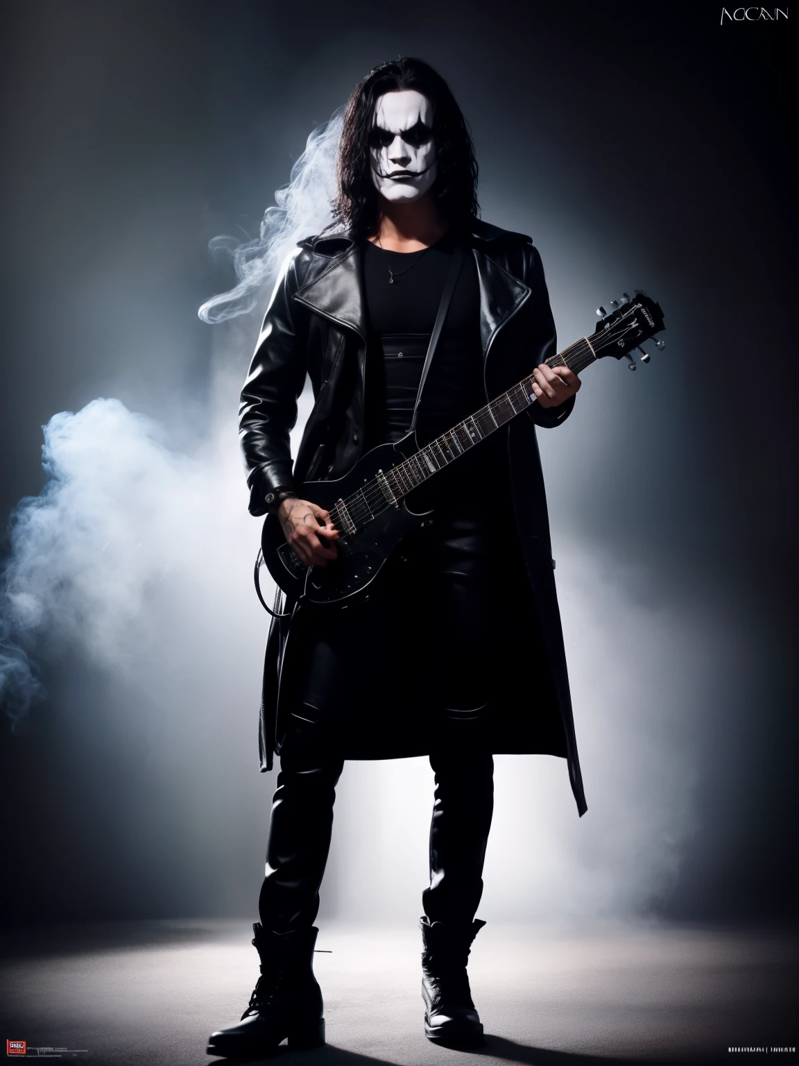 A cinematic poster of the character "The Crow". Half-body, The character is in the middle of a dark street, with a bright green light shining on him. (( The Crow V.IT Face, White face with black makeup )), The background is black with smoke. Wearing a The Crow Costume. The character is wearing a black overcoat, and black boots. He has long black hair and wears black makeup. He is holding a black heavy metal guitar in his right hand. DETAILED FACE, intricaten. detailed pistol. Realism: The generated art should be realistic and highly detailed. Lighting: The lighting should be cinematic, with a bright red light shining on the character. Background: The background should be black with smoke.