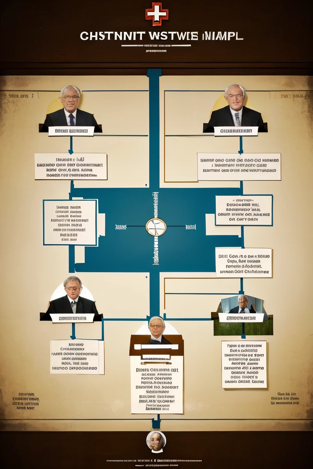 I would like to generate pictures for a flowchart of offices in the Christian Methodist Church organization for, bishop, Presiding Elder, Pastor, Lay Leader, and Lay Member. The bishop, Lay leader will be female images and the others male. The setting should be conducive to a Christian church community