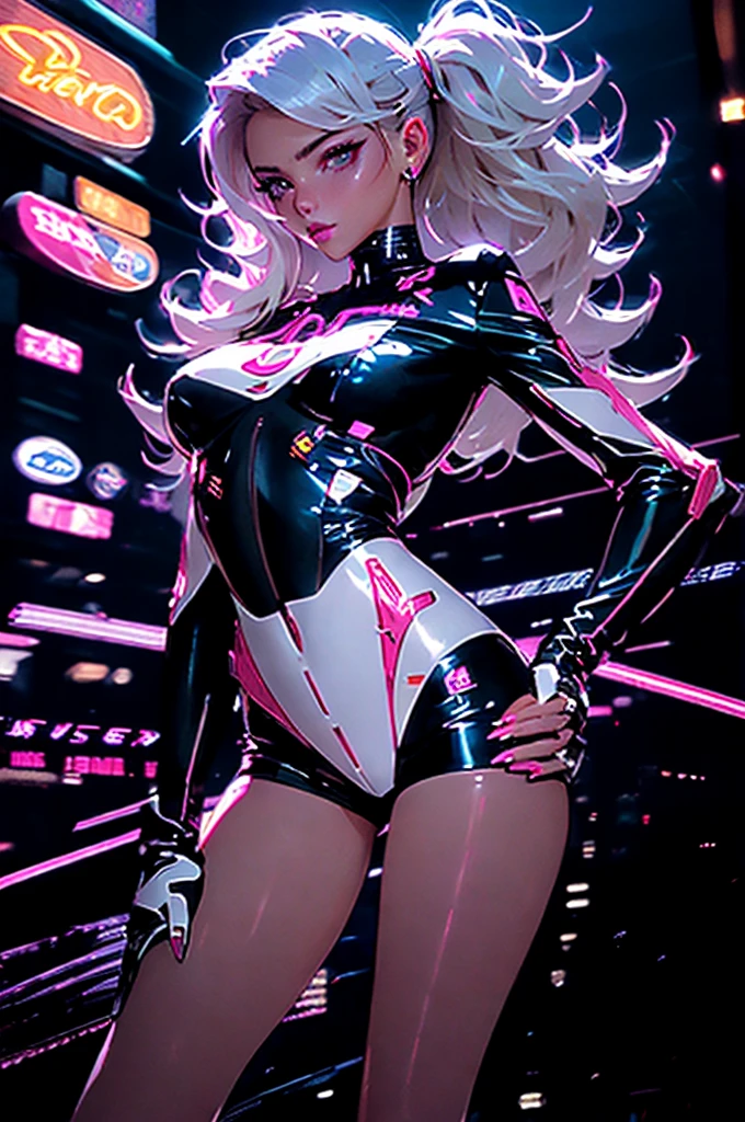 Bonito, mujer, cara sexy, ojos amarillos, pelo blanco, cuerpo delgado, pose sexy, Medias rosas, mecha, neon sign, Ciudad de noche LED, visto desde arriba, alta calidad, Realista, Luz hermosa, Detalle completo, fondo negro