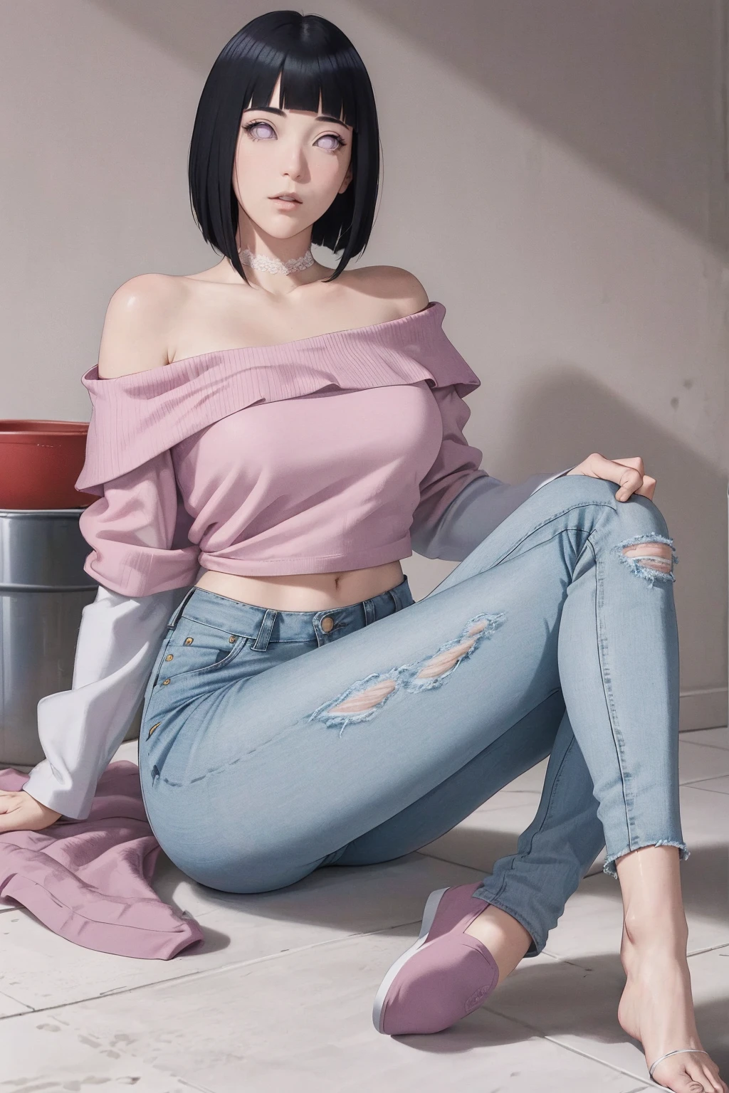 {-erro_de_anatomia:1.0}(Masterpiece - Ultra-Detailed, High Resolution) Masterpiece, absurderes, Hinata\(Boruto\), 1girll, Solo,Mature female, Off-the-shoulder lace shirt, When looking at the camera, Perfect composition, Detailed lips, big breast, Beautiful face, body propotion, Blush, (Pink lips), medium hair, (black hair) .Purple eyes, Soft gaze, Super realistic, Detailed, photoshoot, Realistick faces and bodies, whole body, sitting on the floor,, looking at the camera, with white background, lilac shoes, jeans