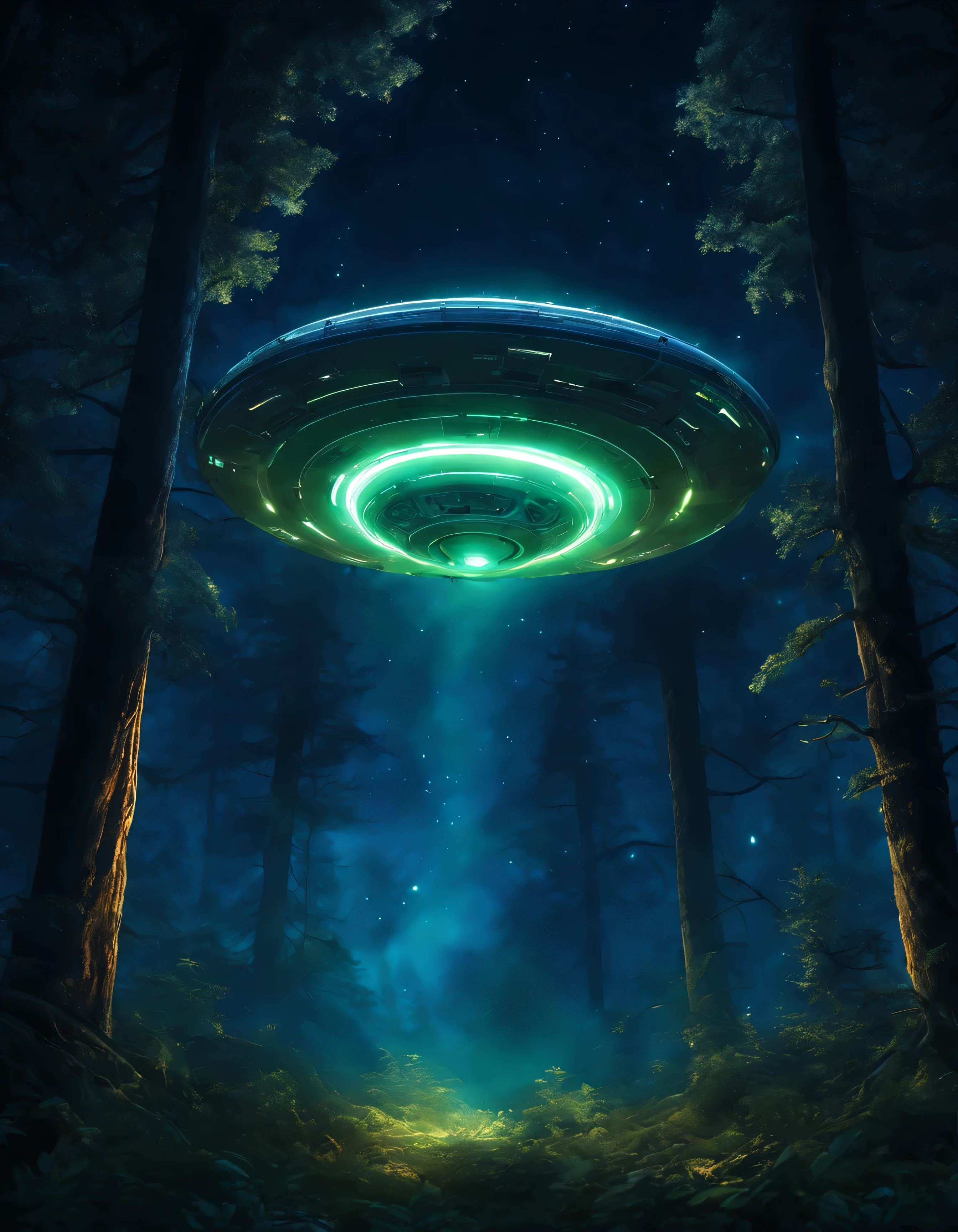 (8k, ultra-realista),OVNI pousando acima da floresta,luzes brilhantes circulando a fuselagem do OVNI,night time,forest scenario,atmosfera surreal,Peaceful Humor,trees and plants wrapped in soft moonlight, mysterious shadows cast by UFO,crisp details and textures, cores vibrantes, tons sutis de verde e azul,Majestic and imposing trees,folhagem espessa,som fraco de folhas farfalharem, ethereal glow illuminating the surroundings, hipnotizante e sobrenatural,ambiente calmo e sereno,stars twinkling in the dark sky,poderosos feixes de luz perfurando a copa,creating dramatic contrasts and intriguing shadows.