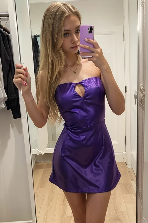Blonde, thin Instagram girl takes a selfie in the mirror with an iPhone, purple dress. Capture the reflection, highlighting the modern and tech-savvy aspect of the moment.