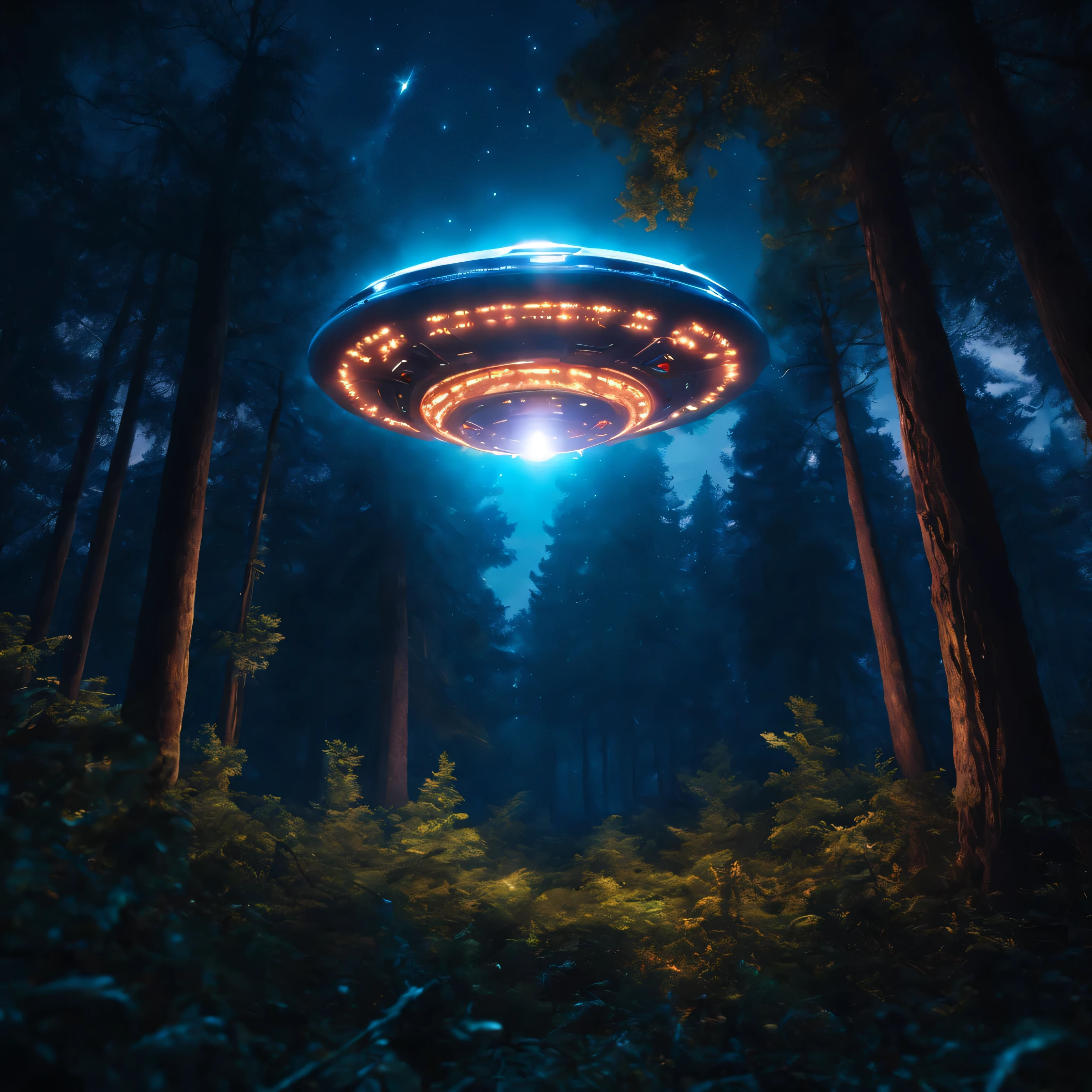 (ultra-realista,8k,high resolution,obra de arte:1.2),night time,OVNI pousando de cima,Cena da floresta,luzes brilhantes circulando a fuselagem do OVNI,detailed tree canopy,folhagem densa,Atmosfera misteriosa,brilho luminoso,star-filled sky