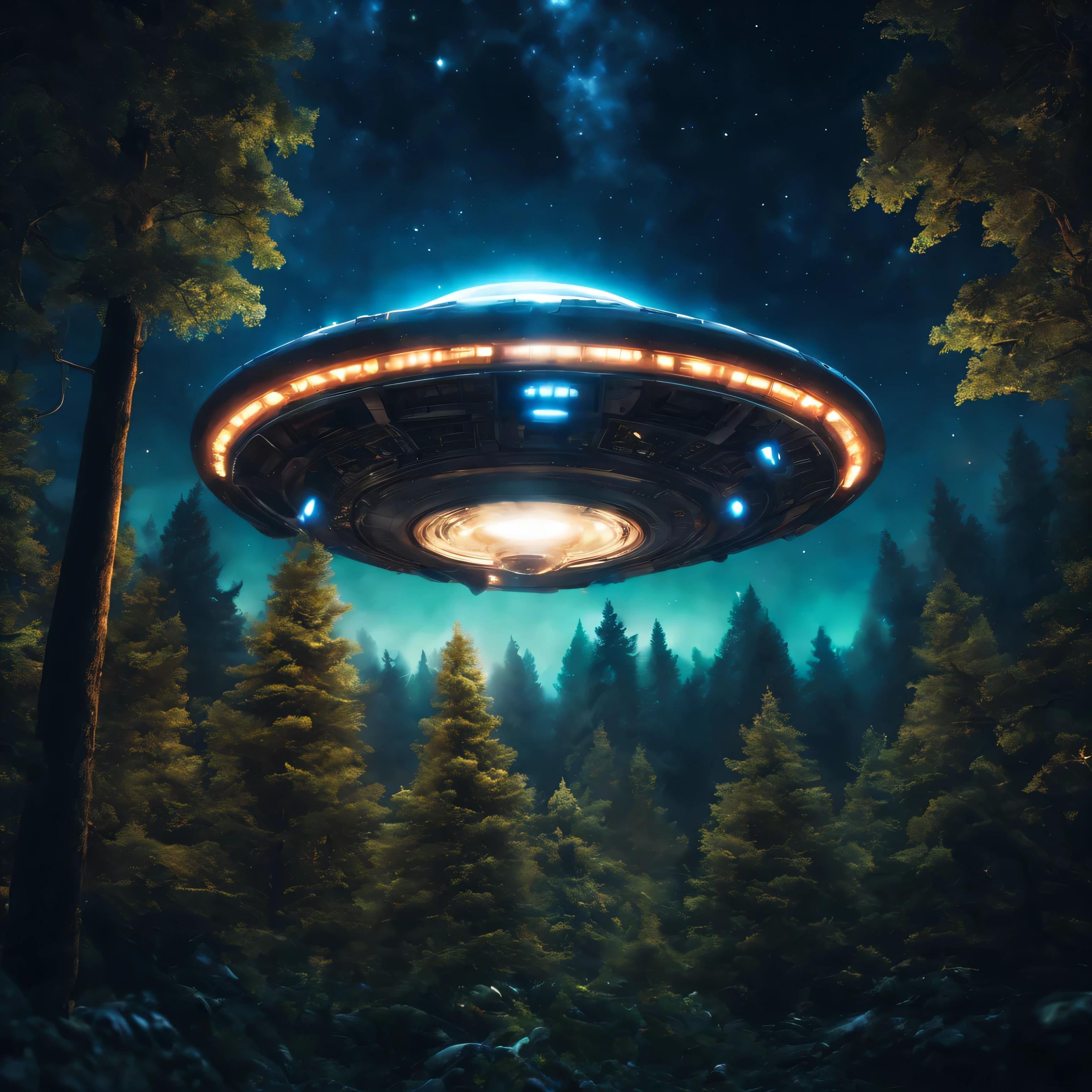 (ultra-realista,8k,high resolution,obra de arte:1.2),night time,OVNI pousando de cima,Cena da floresta,luzes brilhantes circulando a fuselagem do OVNI,detailed tree canopy,folhagem densa,Atmosfera misteriosa,brilho luminoso,star-filled sky