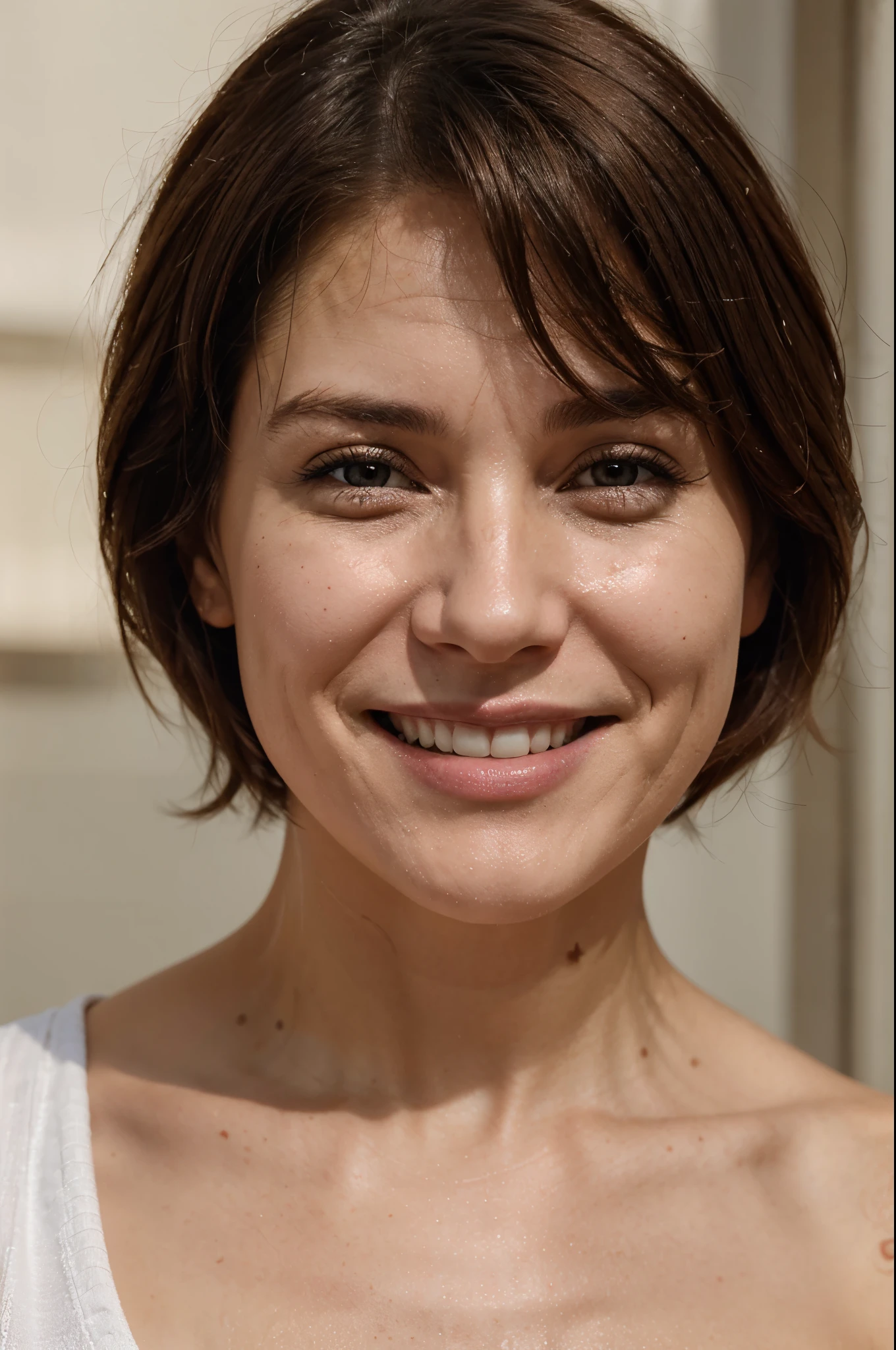 generates the face with lots of expression lines and wrinkles of a 40-year-old woman with a passionate smile and short brown hair that doesn't go past her neck